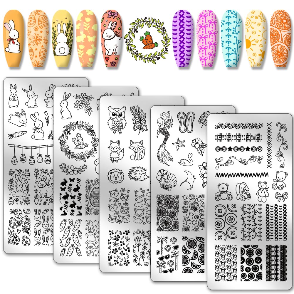 5pcs Easter Bunny Nail Art Stamping Plates - Stainless Steel Nail Design Templates with Rabbit & Floral Patterns for DIY Manicure | Perfect for Easter Nail Art, Spring Salon Designs & Home Nail Stamping