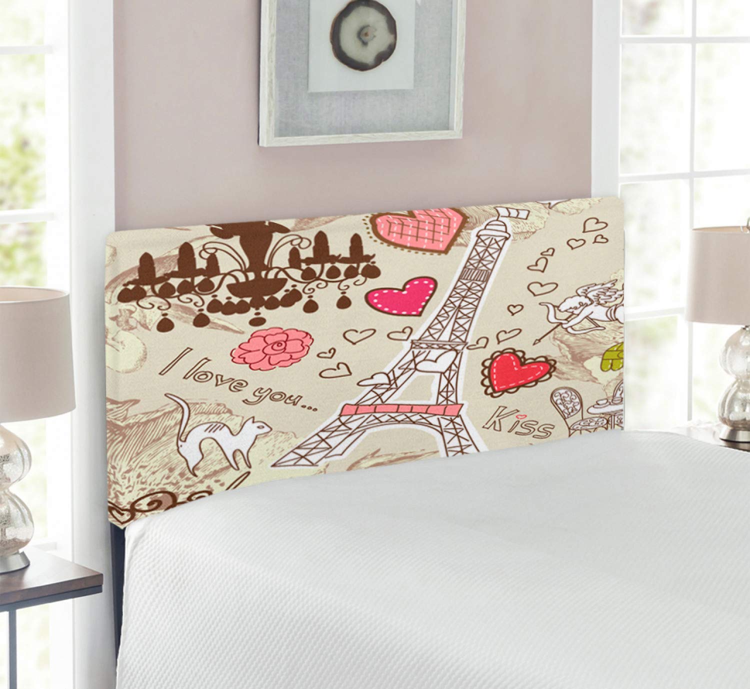Ambesonne Paris Vintage Headboard - Eiffel Tower Hearts & Chandelier Floral Design, Upholstered Metal Bed Frame with Memory Foam, Twin Size Beige Pink - Perfect for Romantic Bedroom Decor & Guest Room Accent