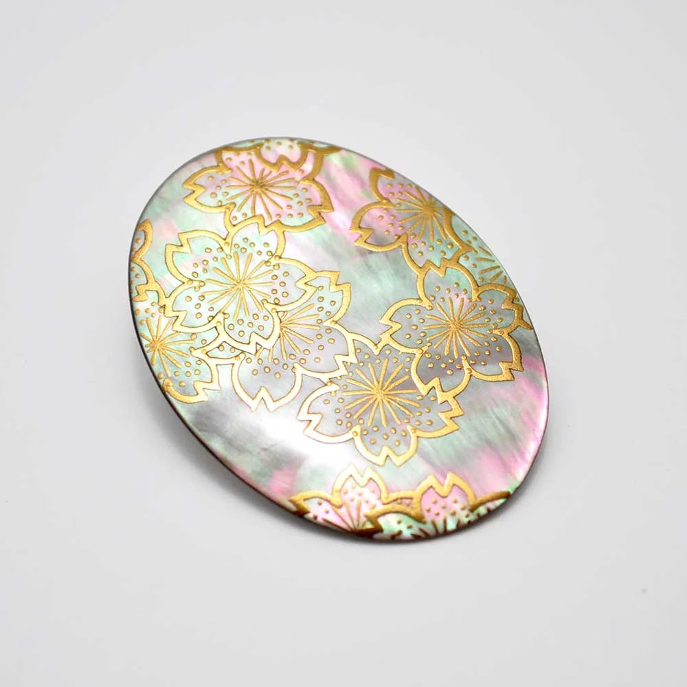 Handcrafted Japanese Maki-e Urushi Lacquer Brooch with Black Lip Oyster Pearl & Cherry Blossom Design - Traditional Artisan Jewelry for Women, Gift for Special Occasions, Wedding Accessories, and Cultural Fashion Statements