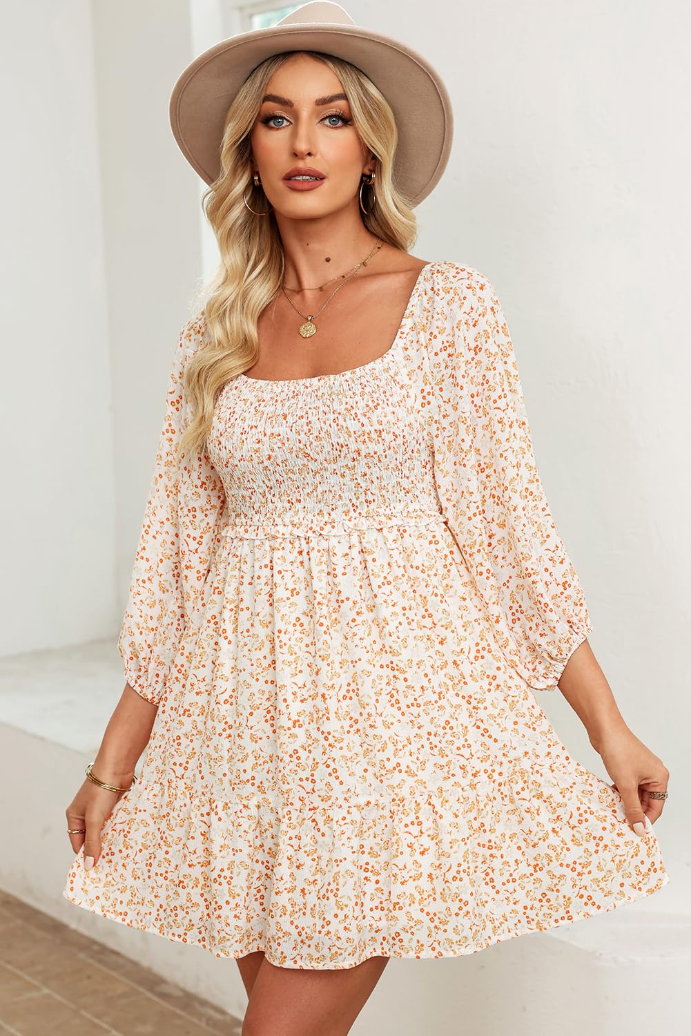 2025 Boho Floral Print Spring Dress for Women - Square Neck Smocked 3/4 Sleeve A-Line Swing Mini Sundress | Casual Summer Outfit for Beach, Picnic & Date Night