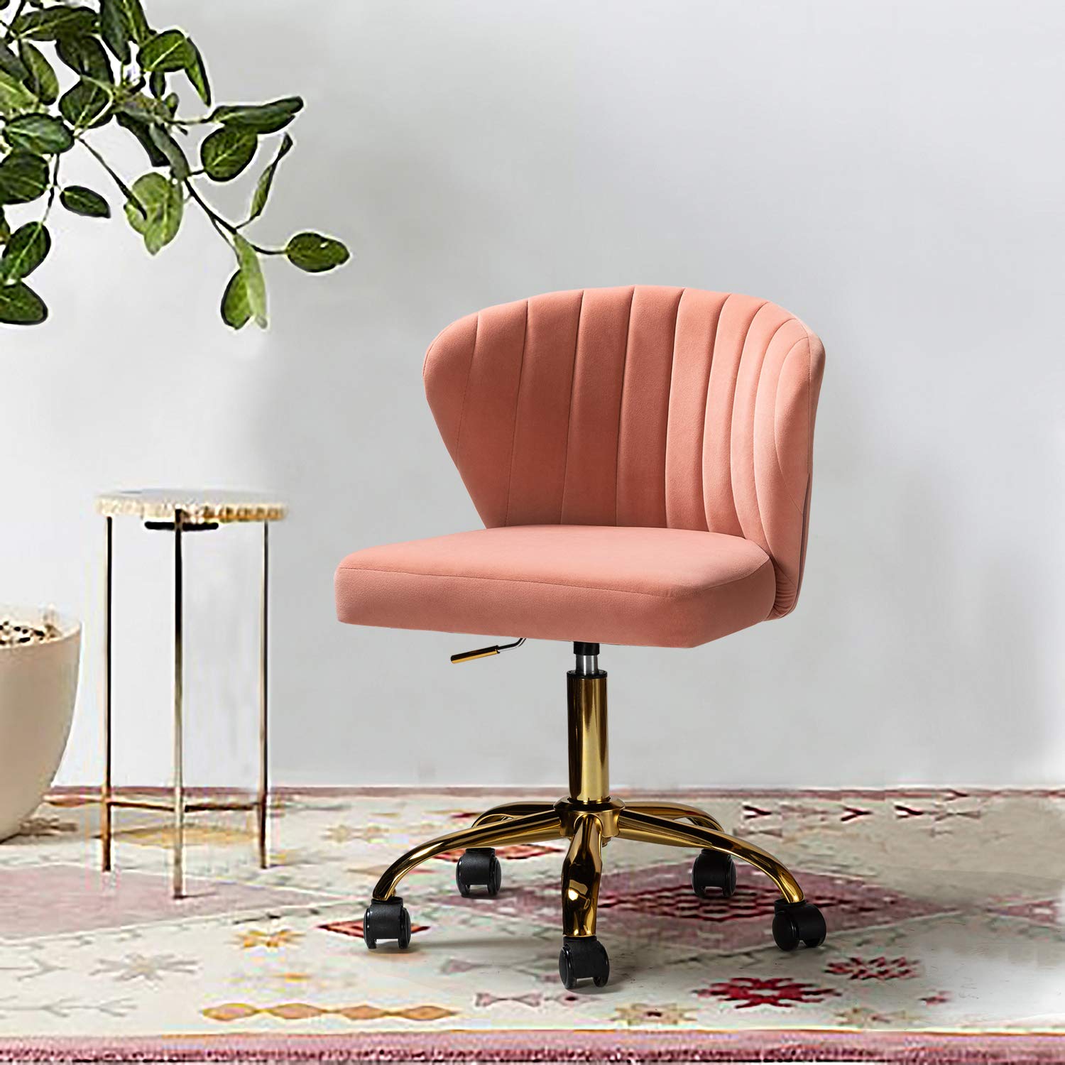 TINA'S HOME Modern Velvet Office Chair with Wheels & Gold Base - Adjustable Low Back Swivel Rolling Task Chair for Home Office, Study, Living Room, Vanity - Pink Velvet Armless Desk Chair for Women & Girls