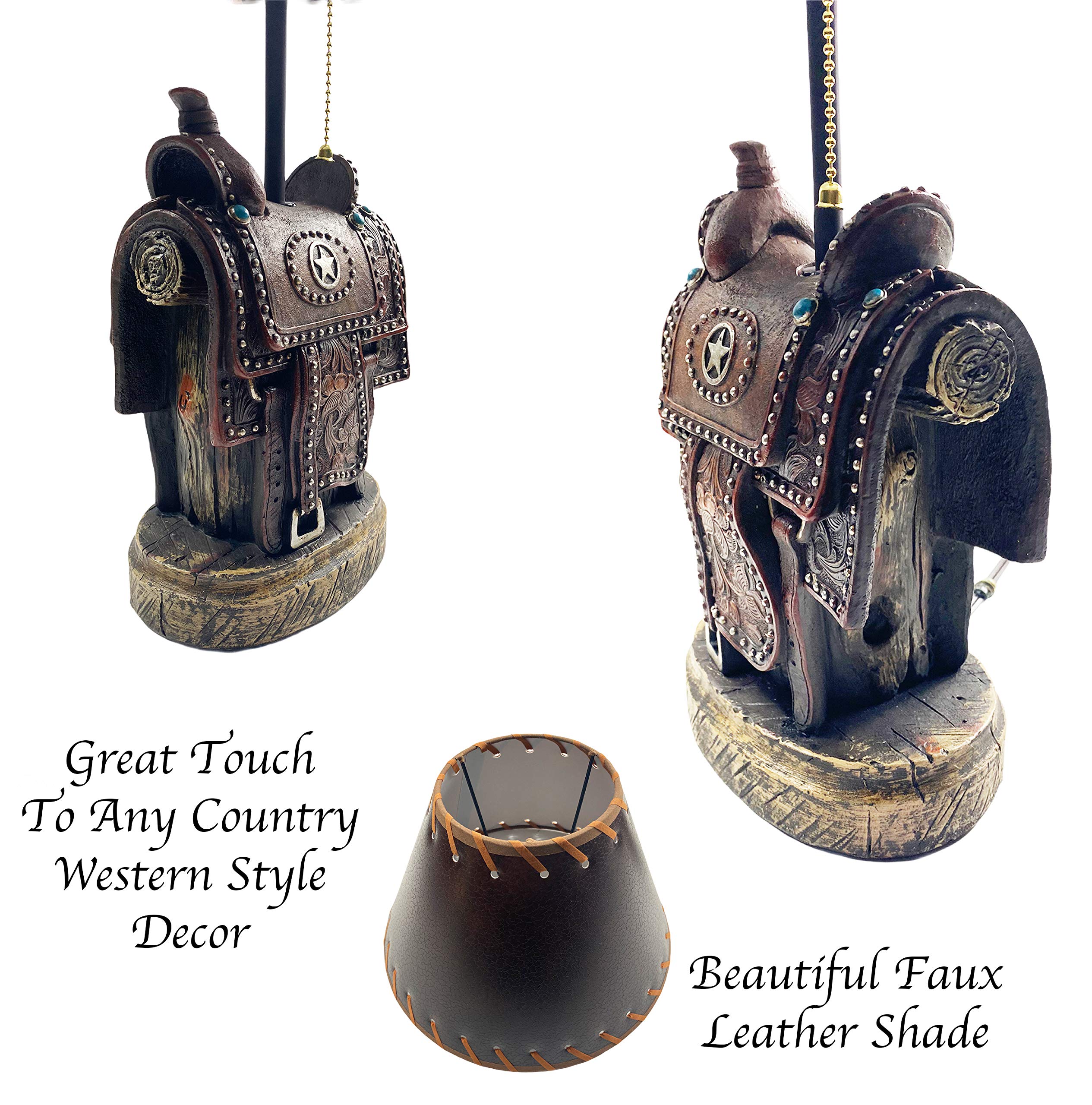 Western Brown Horse Saddle Table Lamp - Silver Star Cowboy Rustic Decor for Farmhouse, Bedroom, Office & Living Room | Nightstand & End Table Lighting with Western Saddle Shade | Perfect for Ranch Style Homes, Country Themed Spaces & Western Interior Design