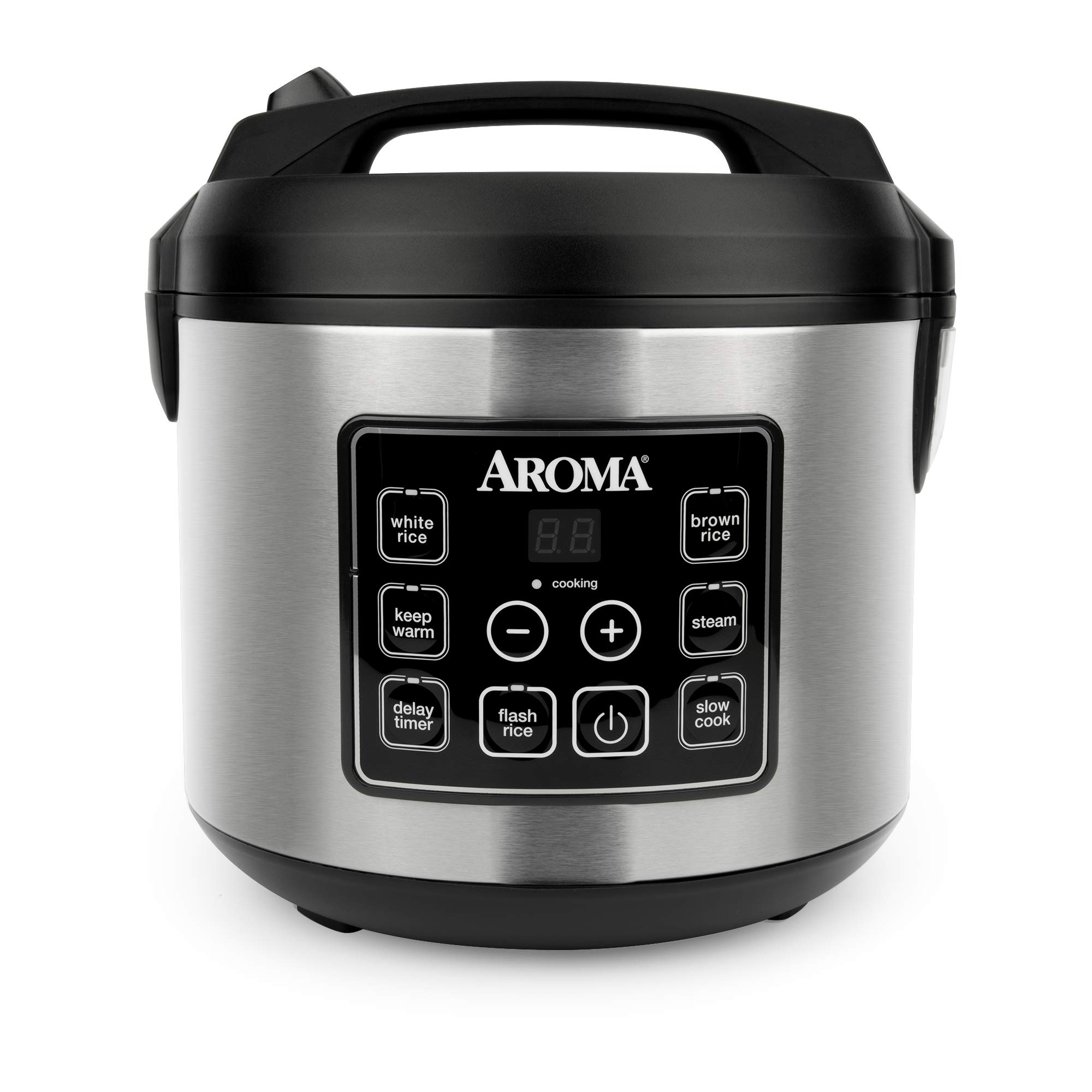 Aroma Housewares 20 Cup (10 Cup Uncooked) Digital Rice Cooker & Slow Cooker with Food Steamer - Stainless Steel Exterior (ARC-150SB) - Perfect for Family Dinners, Meal Prep & Healthy Cooking - Black