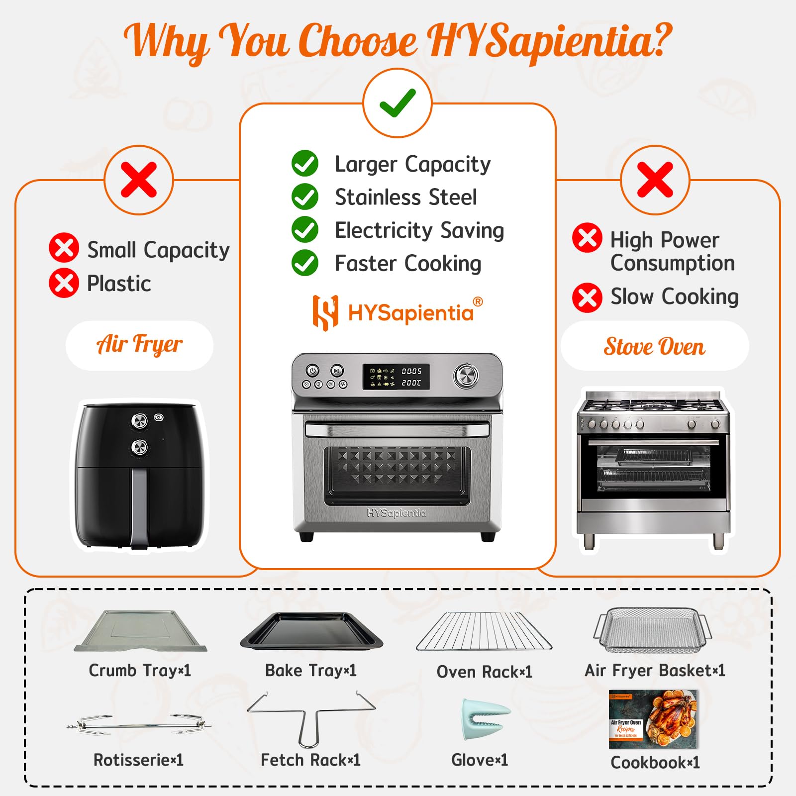 HYSapientia® 24L Large Air Fryer Oven with Rotisserie - 1800W 10-in-1 Digital Countertop Convection Toaster Oven with Grill, Stainless Steel Interior & Full Accessory Set - Perfect for Baking, Roasting, Air Frying & Family Cooking