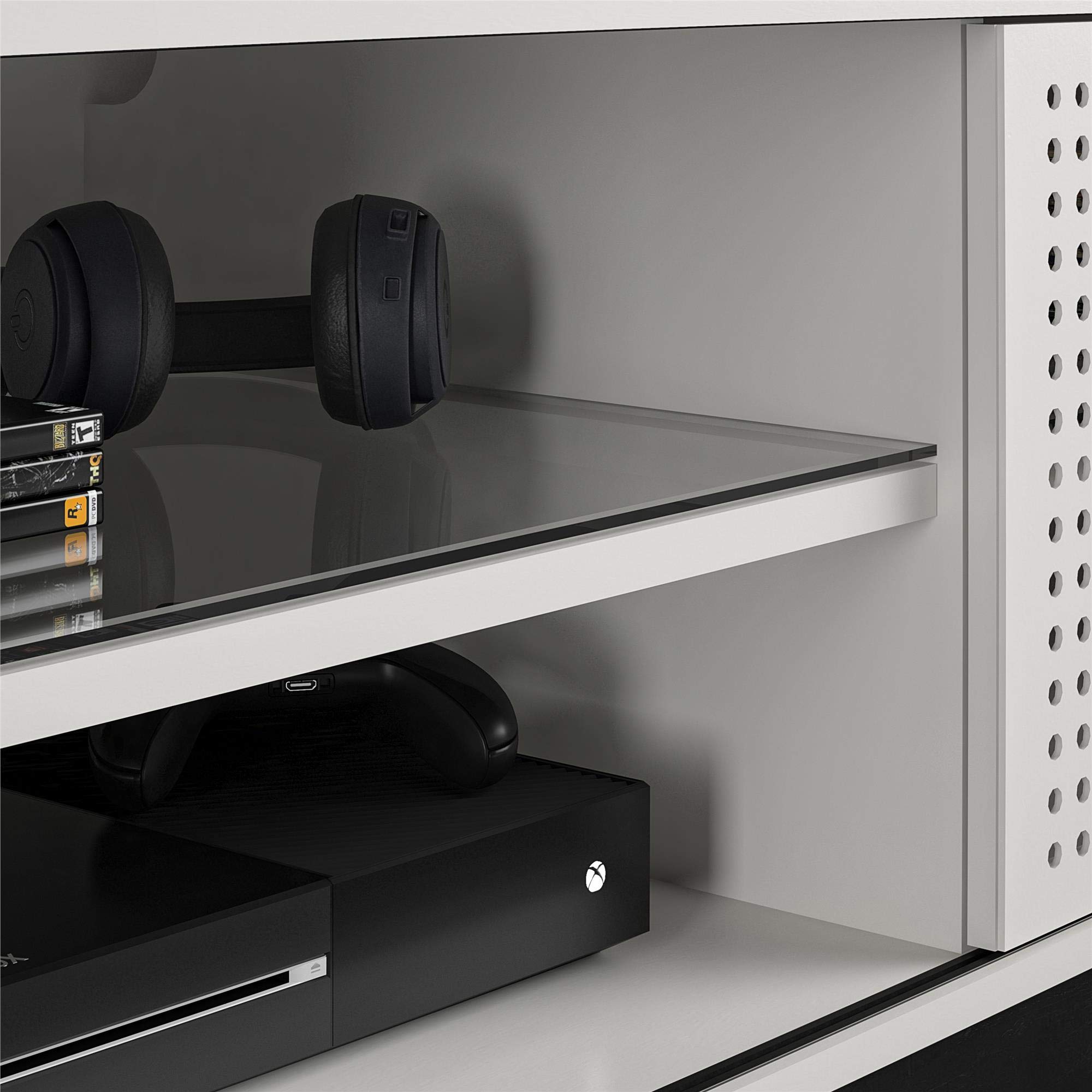 NTENSE Glitch Gaming TV Stand for 60 Inch TVs - Modern Entertainment Center with LED RGB Lights & Wire Management - Perfect for Man Cave, Game Room & Play Room - Durable Metal TV Stand in White