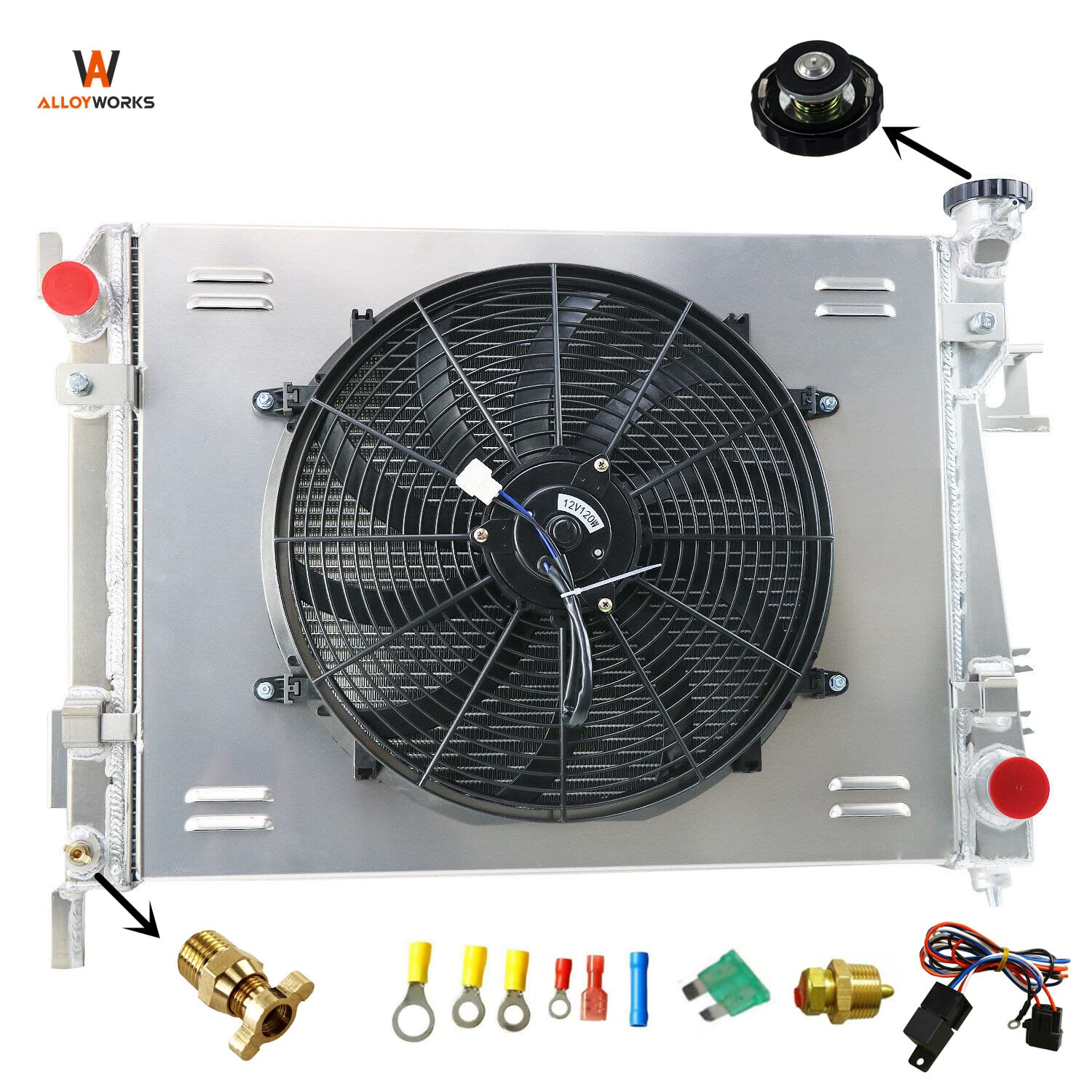 ALLOYWORKS Full Aluminum Radiator with Shroud Fan & Relay Kit for 2002-2008 Dodge Ram 1500/2500/3500 | 1993-2002 Chevy Camaro 3.7L-8.3L V6 V8 Engines | Heavy Duty Cooling Upgrade for Towing & Off-Road Performance
