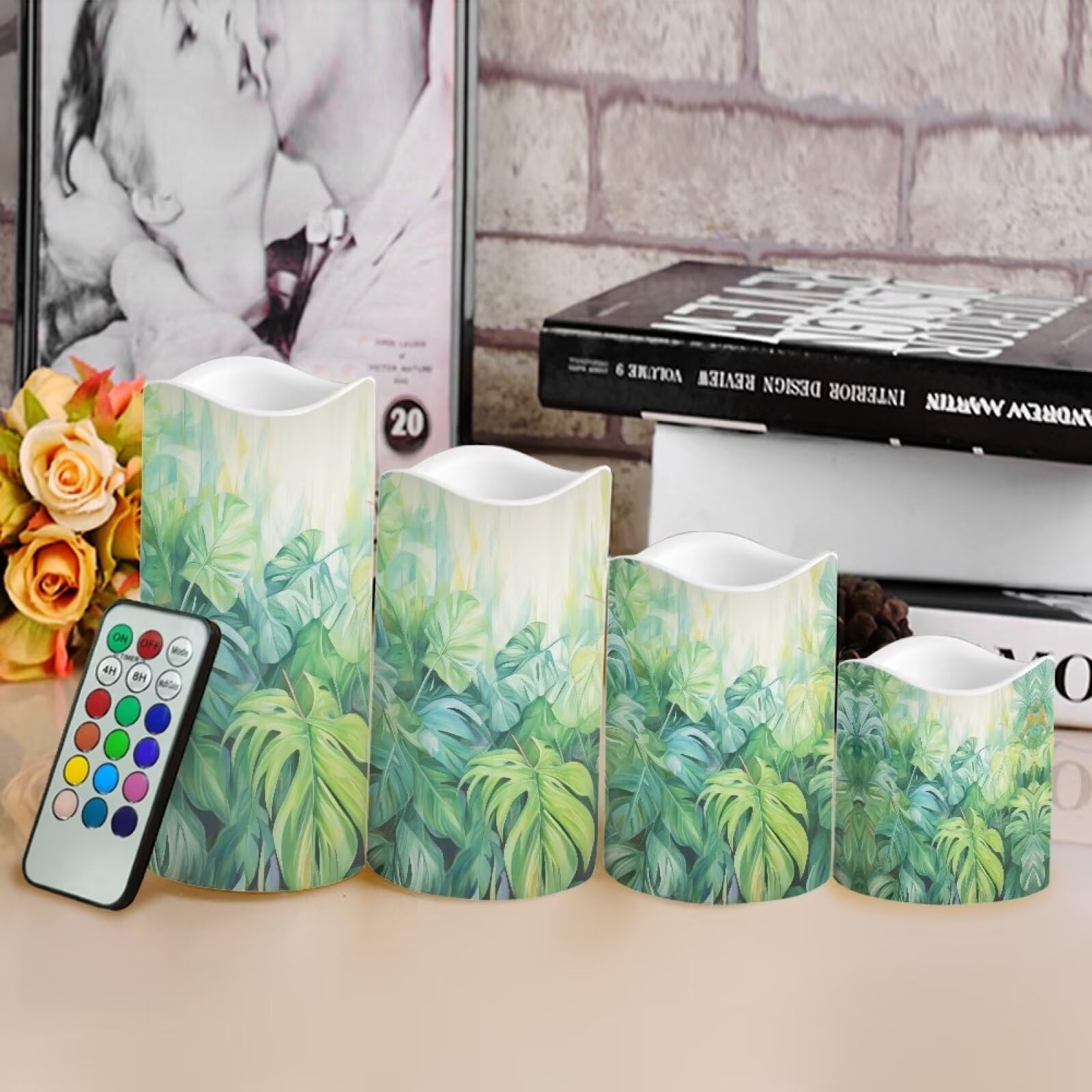 Ystardream Tropical Leaf Flameless LED Candles - Set of 4 Battery Operated Candles with Remote & Timer, Realistic Decorative Flameless Candles for Home, Wedding, Birthday Party Decor - Perfect for Centerpieces, Romantic Dinners & Holiday Ambiance