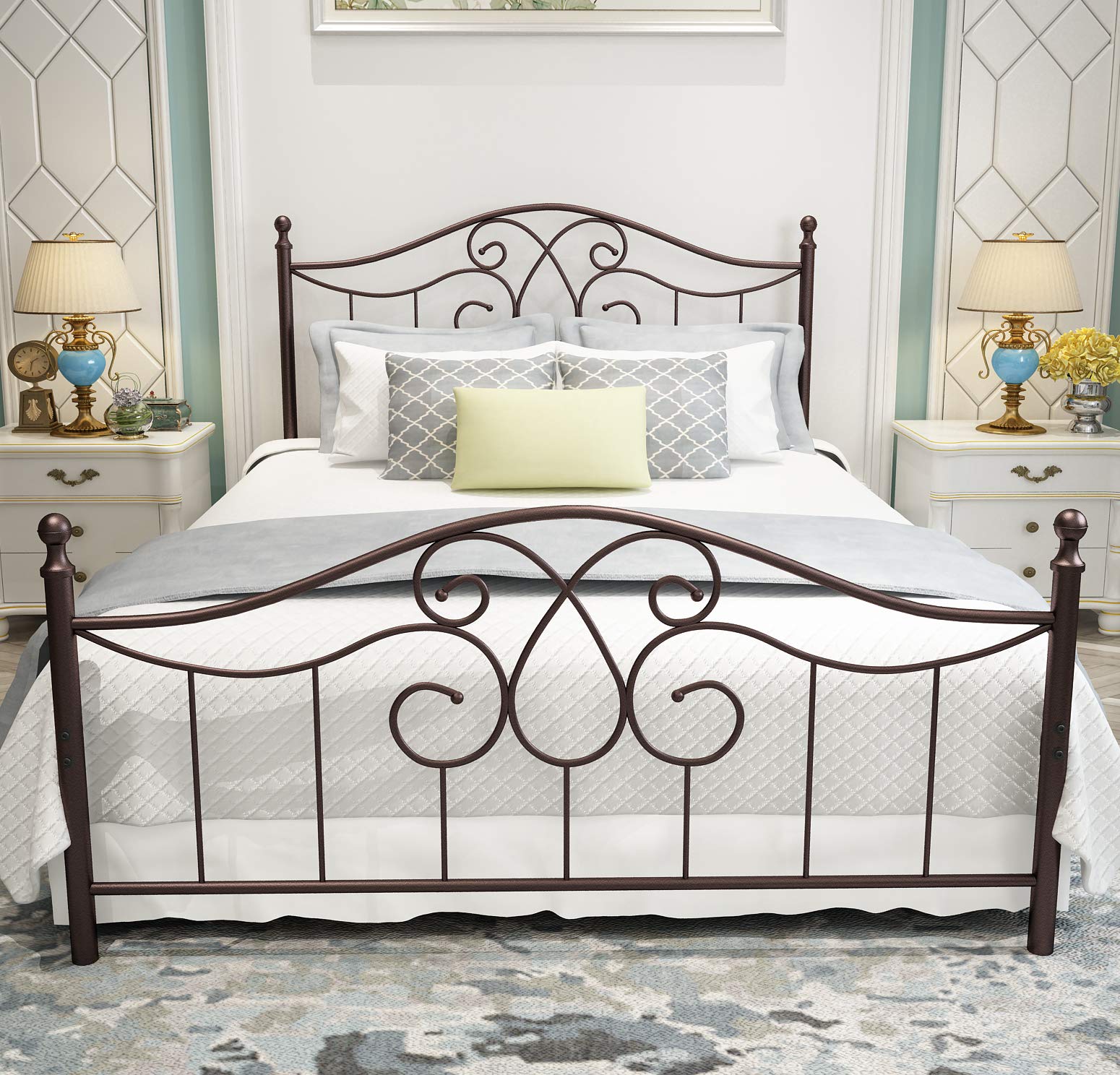 Vintage Sturdy Metal Bed Frame Queen Size with Antique Brown Headboard & Footboard - Heavy Duty Steel Platform Base, No Box Spring Needed - Perfect for Bedroom, Guest Room, Dorm & Apartment