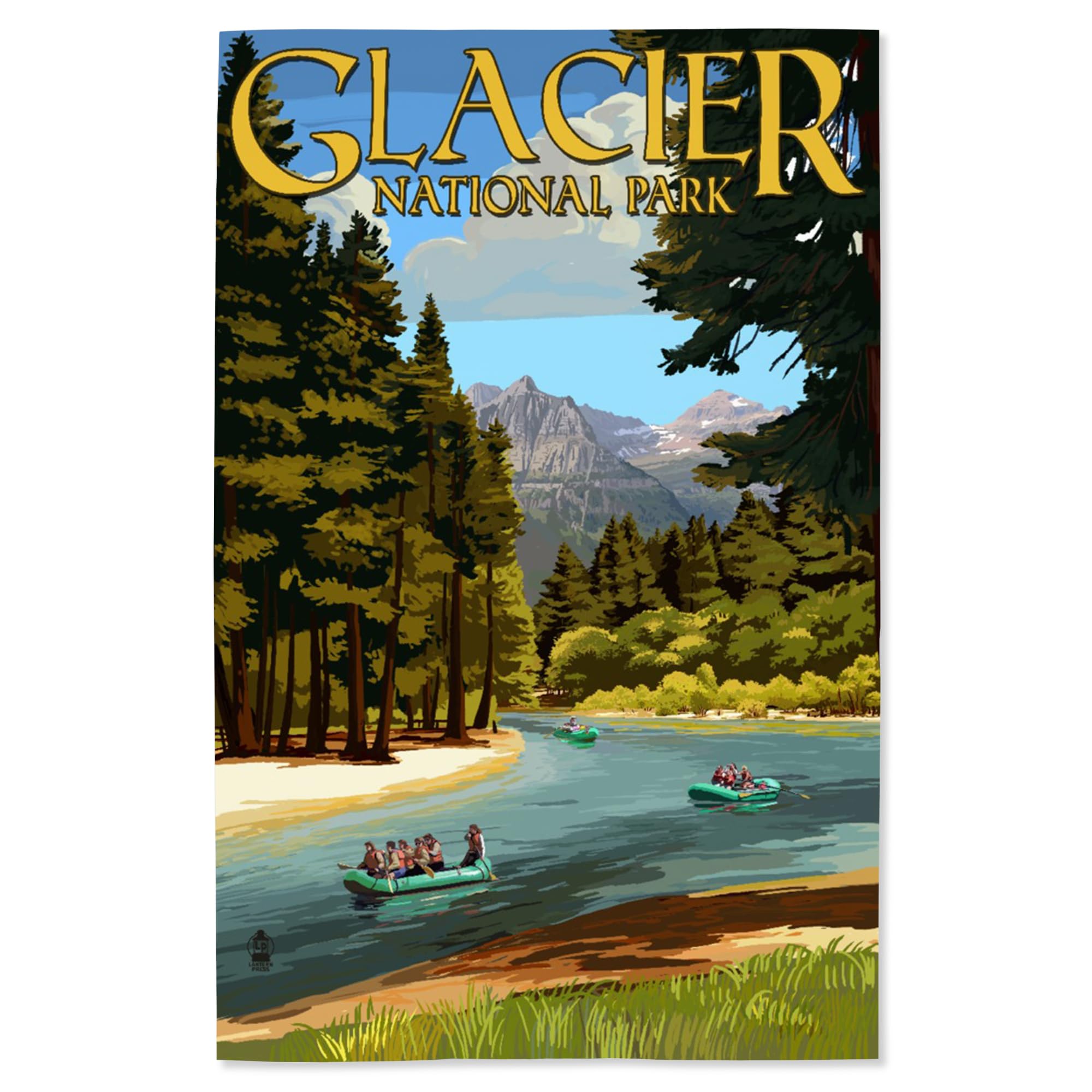Lantern Press 16x24 Inch Giclee Art Print - Glacier National Park Montana Landscape with River Rafting Scene - Perfect for Home Decor, Office Wall Art & Nature Lover Gifts