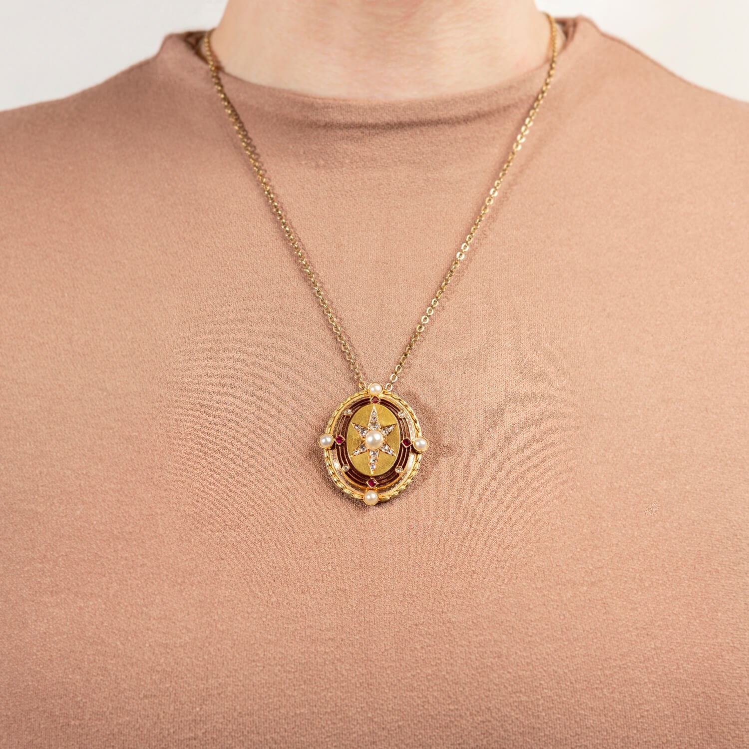 Victorian Style 14kt Gold Mixed Metals Diamond, Ruby & Pearl Starburst Pendant Necklace - Elegant Jewelry Gift for Women, Perfect for Weddings, Anniversaries & Special Occasions
