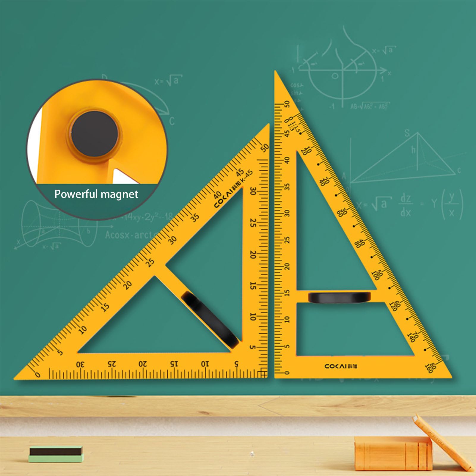 Magnetic Whiteboard Math Geometry Tool Set - Compass, Protractor, 2 Triangle Rulers for Classroom & Home Learning - Strong Magnet for Easy Blackboard Attachment - Perfect for Teachers & Students