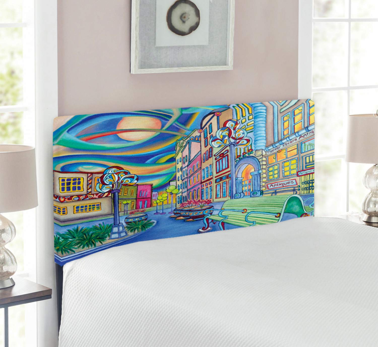 Lunarable Abstract Headboard - Modern Seattle Downtown Urban Art Design with Oil Painting Effect, Upholstered Decorative Metal Bed Frame Headboard with Memory Foam, Twin Size, Multicolor | Perfect for Contemporary Bedroom Decor & Apartment Styling