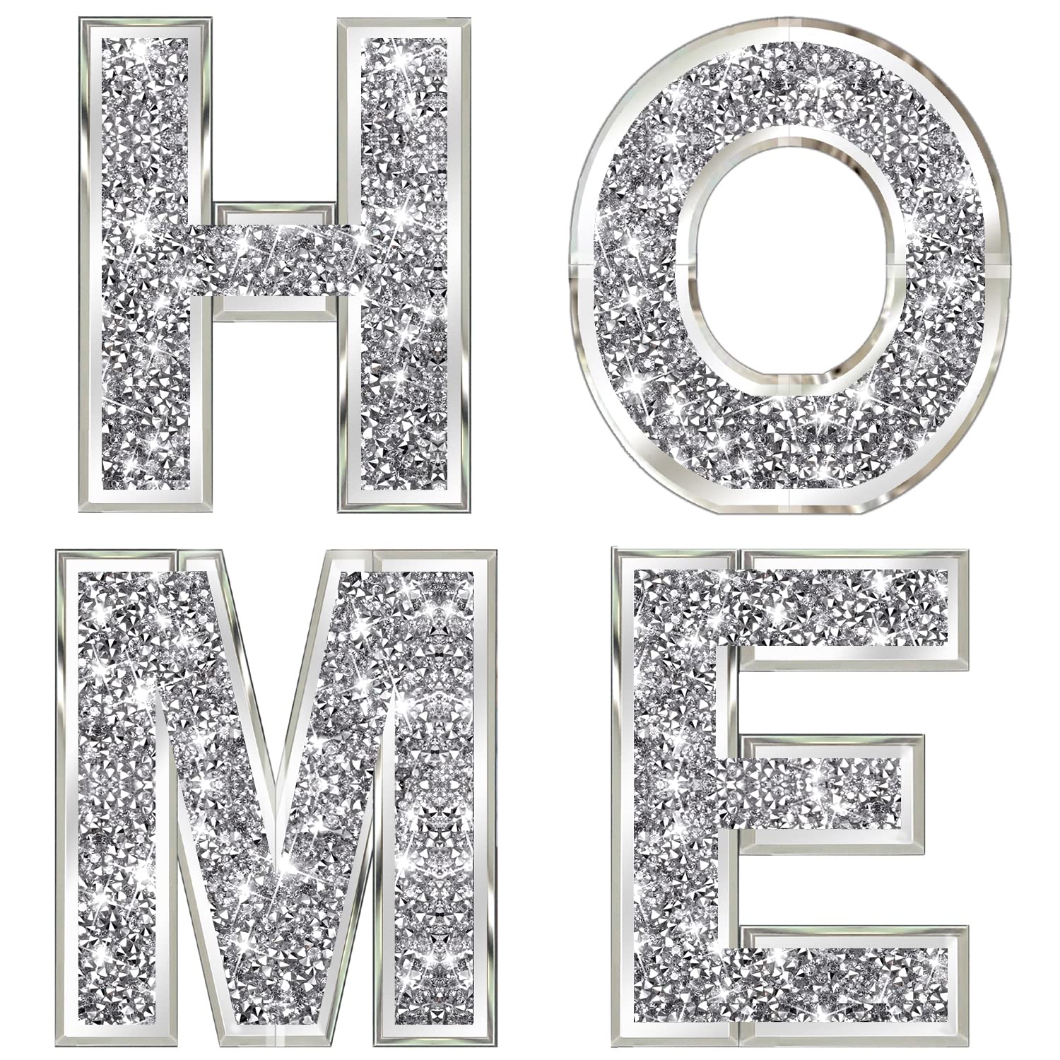 4-Piece Glam Crystal Diamond Letter Set - Silver Mirror Glass Home Decor for Wall, Fireplace, Bookshelf & Table - Perfect for Wedding, Birthday Party & Room Decoration