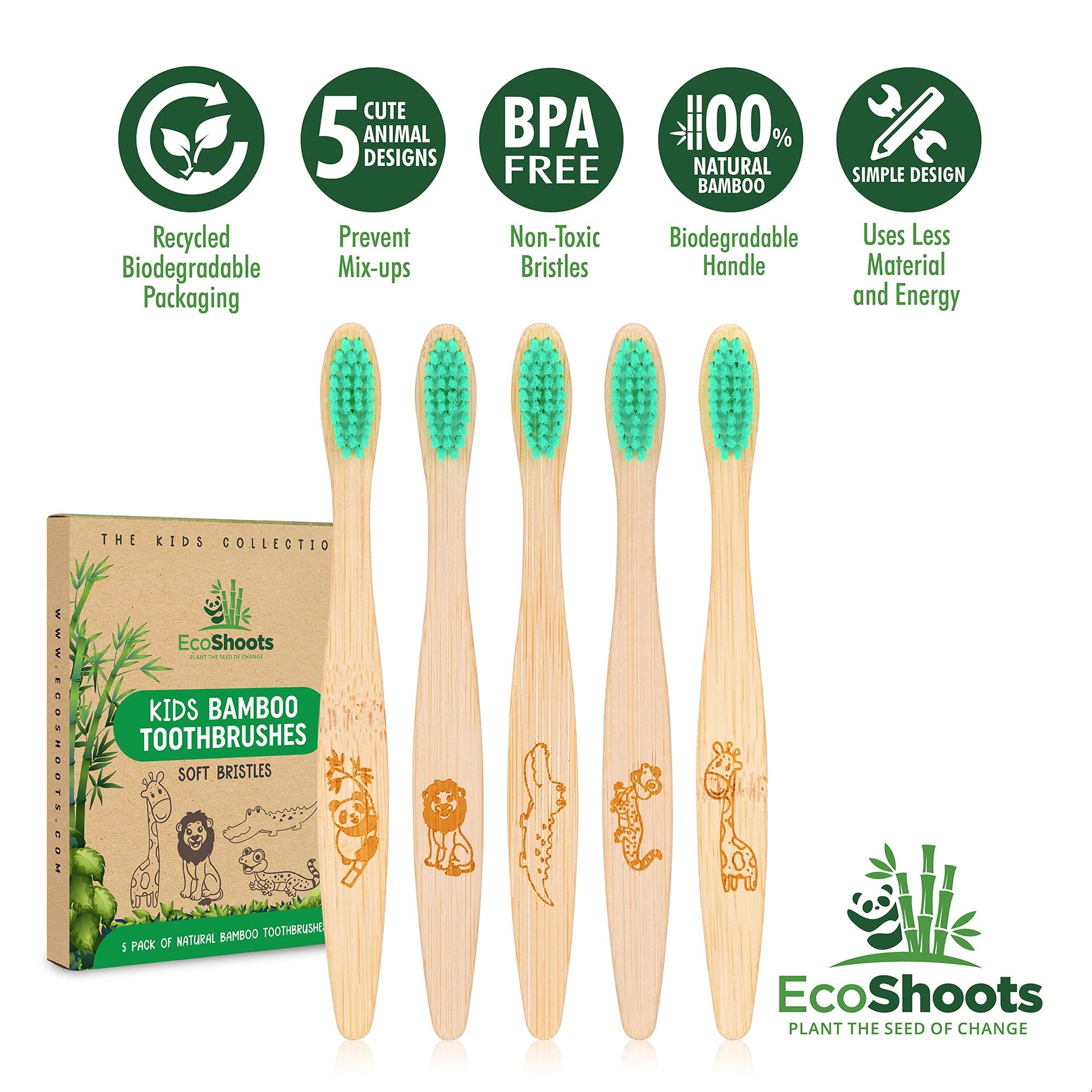 EcoShoots Kids Bamboo Toothbrushes - Super Soft Bristles, Pack of 5 | Eco-Friendly Natural Wooden Toothbrush for Children | Organic Biodegradable Handle, BPA Free | Perfect for Travel, School & Daily Oral Care