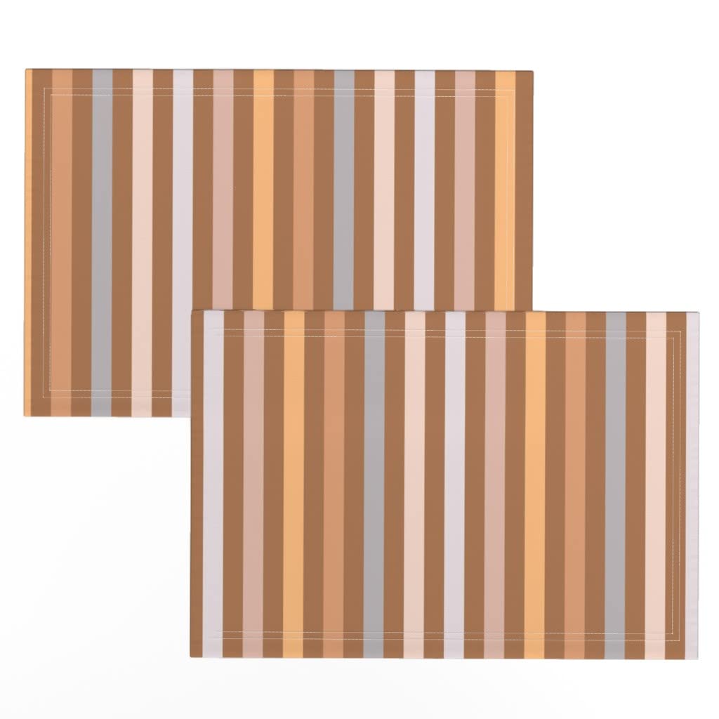 Festival Boho Stripes Linen Cotton Canvas Placemats Set of 2 - Retro Autumn Brown Pastel Print Table Mats for Dining, Kitchen Decor & Boho Home Styling