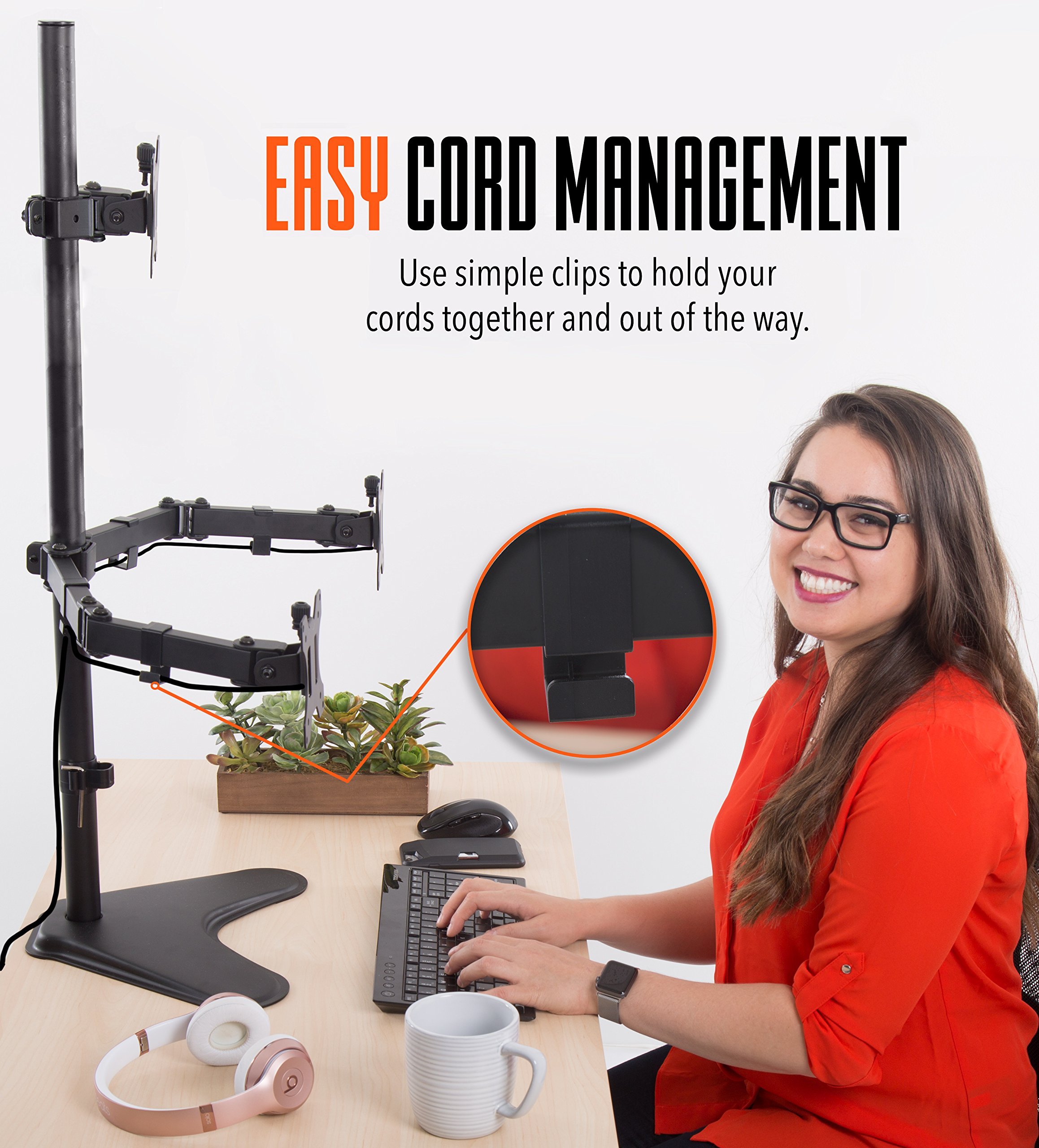 Stand Steady Triple Monitor Desk Stand with Tabletop Base - Adjustable Height & Full Articulation VESA Mount for 13-32 Inch LCD/LED Screens | Perfect for Home Office, Gaming & Workstation Setup