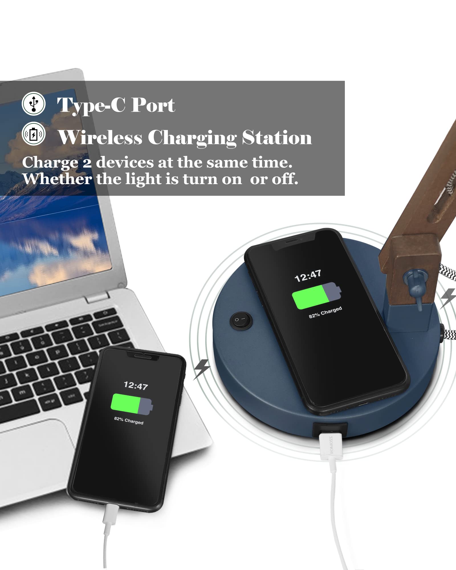 ELYONA Sapele Wood Swing Arm Desk Lamp with Wireless Charger & USB-C Port - Modern LED Task Light for Reading, Office, Bedroom, Dorm, Living Room | Includes Bulb & Fast Charging for Phones, Tablets | Perfect for Home Office, Study & Nightstand Use