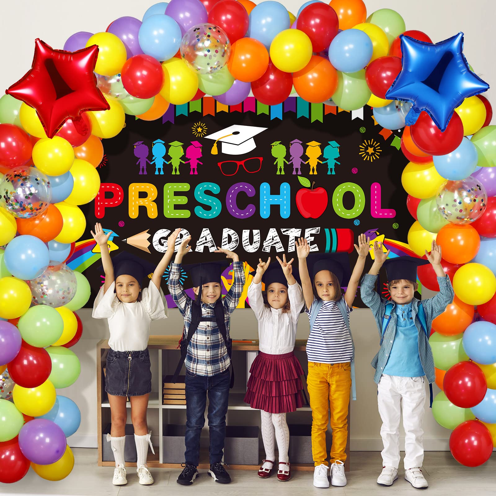 Oudain 2025 Preschool Graduation Party Decorations Kit - Includes Kindergarten Graduation Backdrop & Balloon Garland for Pre-Elementary Celebration - Perfect for Classroom Decorations, Graduation Ceremonies & Photo Booths (Black)