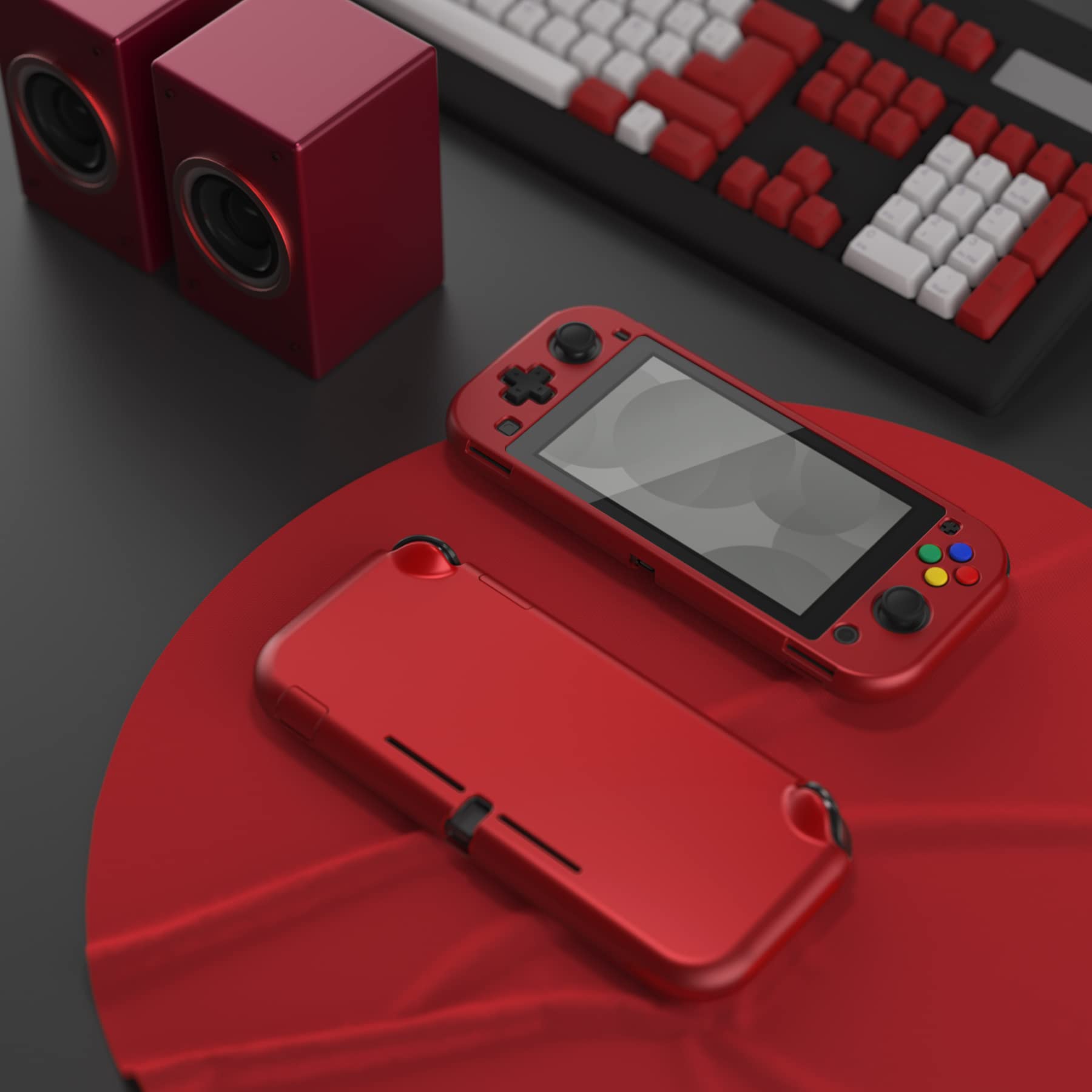 eXtremeRate PlayVital Custom Protective Grip Case for Nintendo Switch Lite - Scarlet Red Hard Shell Cover with Tempered Glass Screen Protector (Black Border) | Enhanced Gaming Comfort & Protection for Travel & Long Play Sessions
