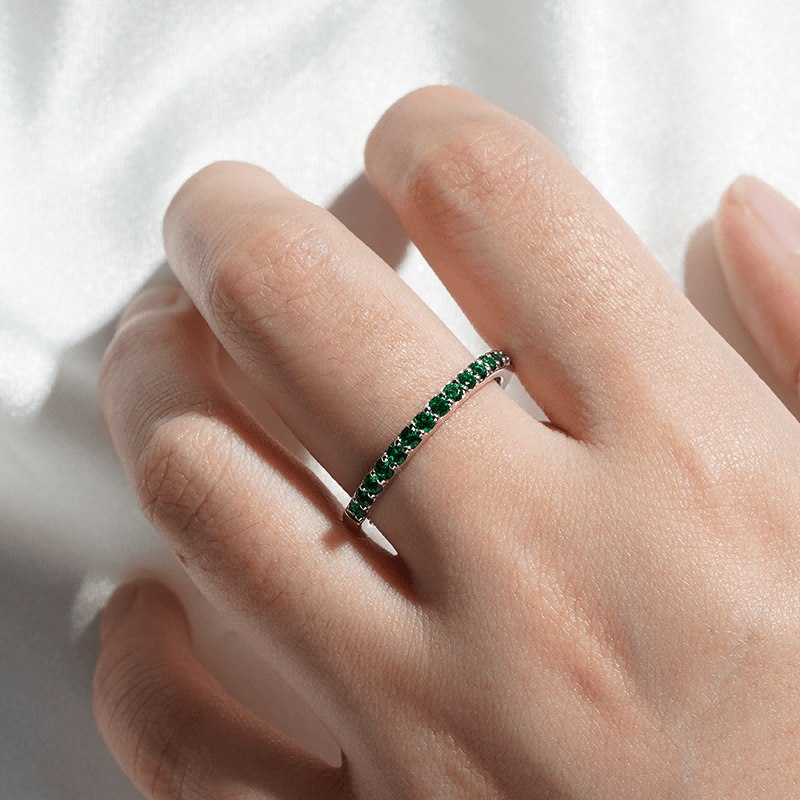 14K Gold Pave Emerald Half Eternity Ring for Women - Dainty Stackable Wedding Band, Anniversary Gift, Everyday Jewelry for Bridal, Valentines Day or Special Occasions