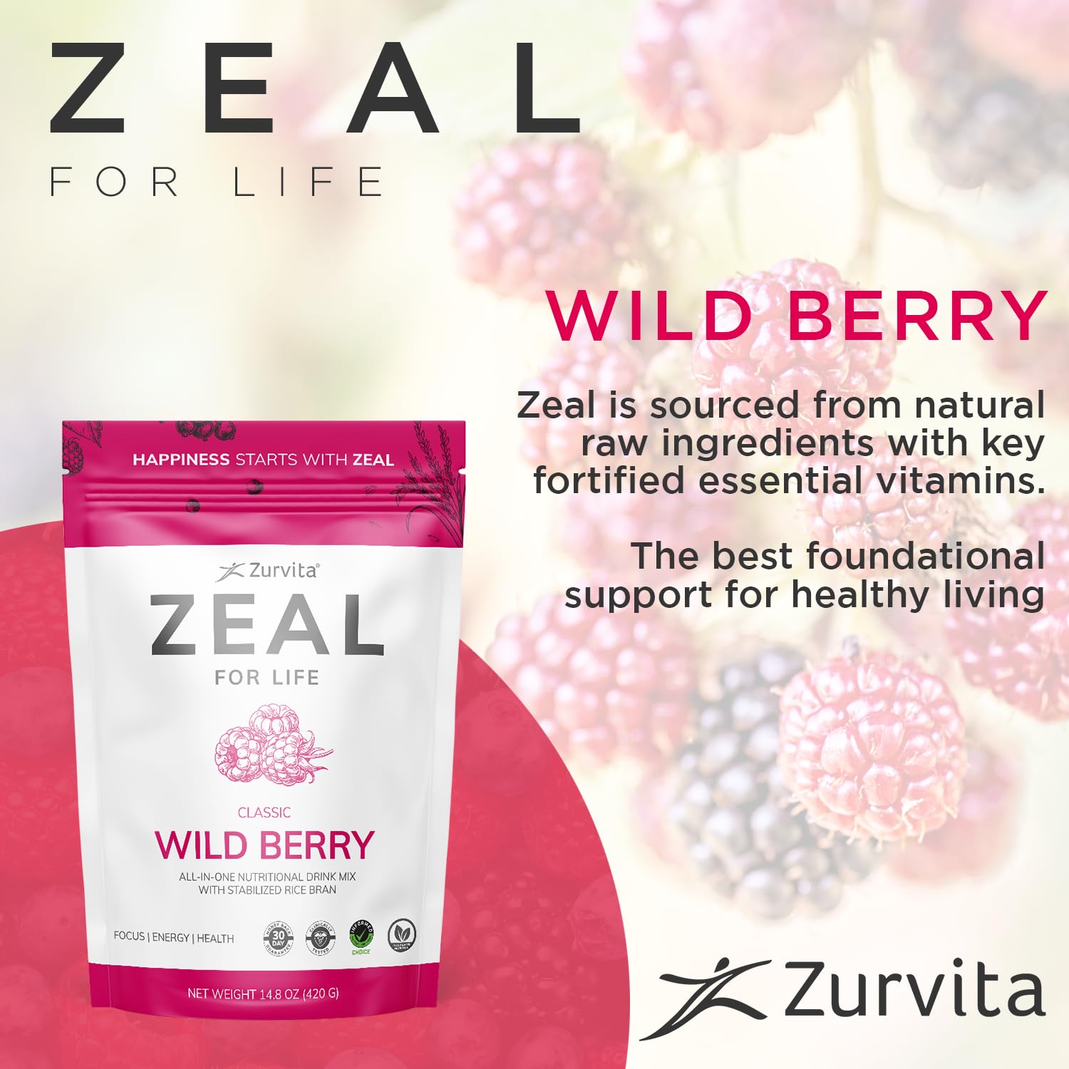 Zurvita Zeal for Life 30-Day Wellness Bag - Wild Berry Flavor (420g) | Premium Nutritional Supplement for Vitality, Immunity & Overall Wellness | Perfect for Daily Energy Boost & Immune Support