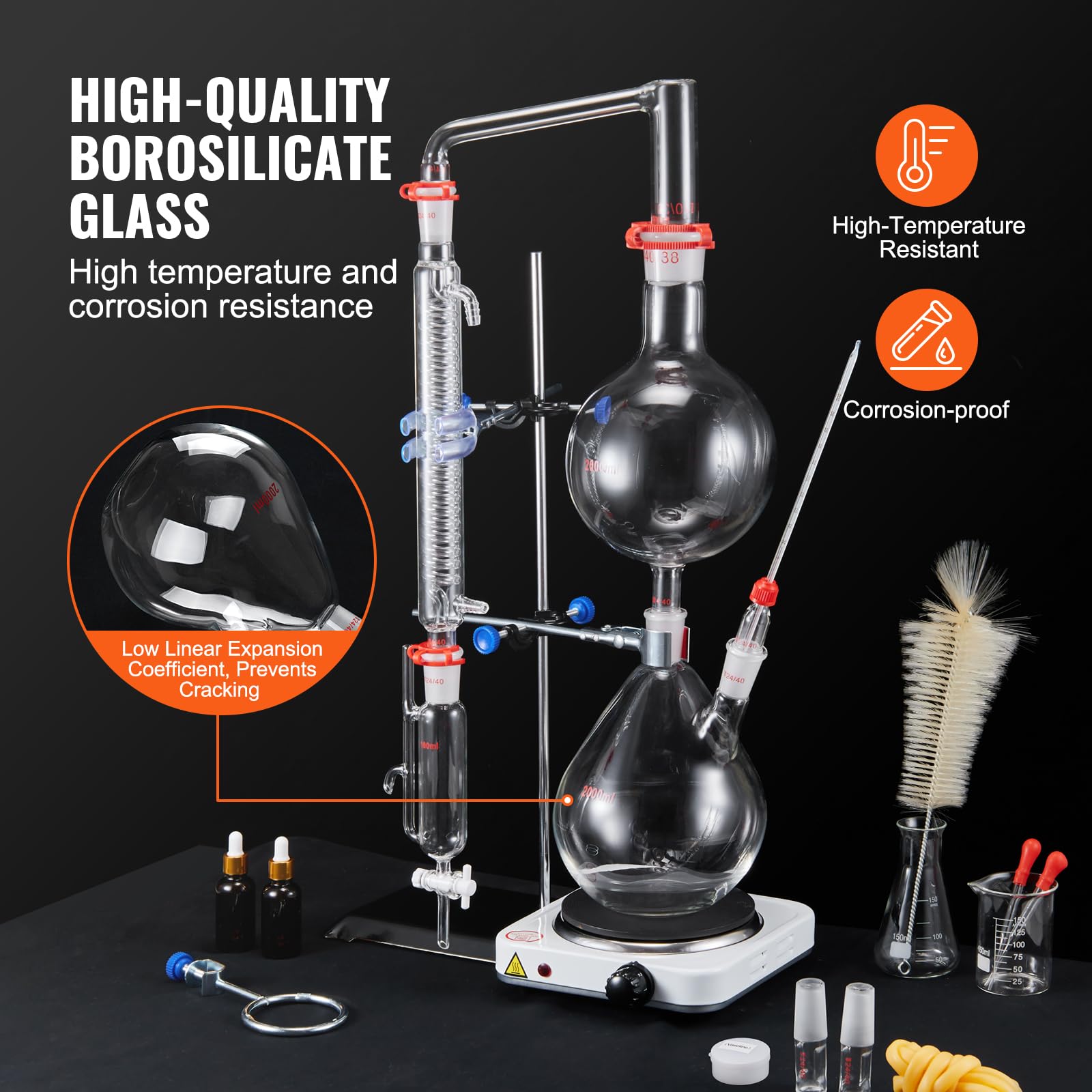 VEVOR 2L Essential Oil Distiller Kit - Lab Glassware Distillation Apparatus with Hot Plate & Condenser (S35, 24/40 Joint) - Perfect for Aromatherapy, Hydrosol Production & Water Purification