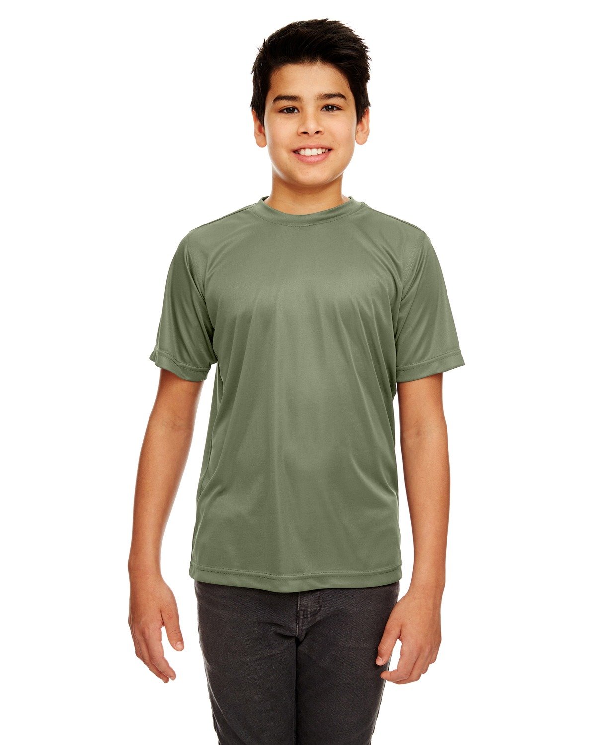 UltraClub Big Boys' Athletic Performance Crewneck T-Shirt - Military Green - Moisture Wicking & Breathable for Sports, Gym & Outdoor Activities
