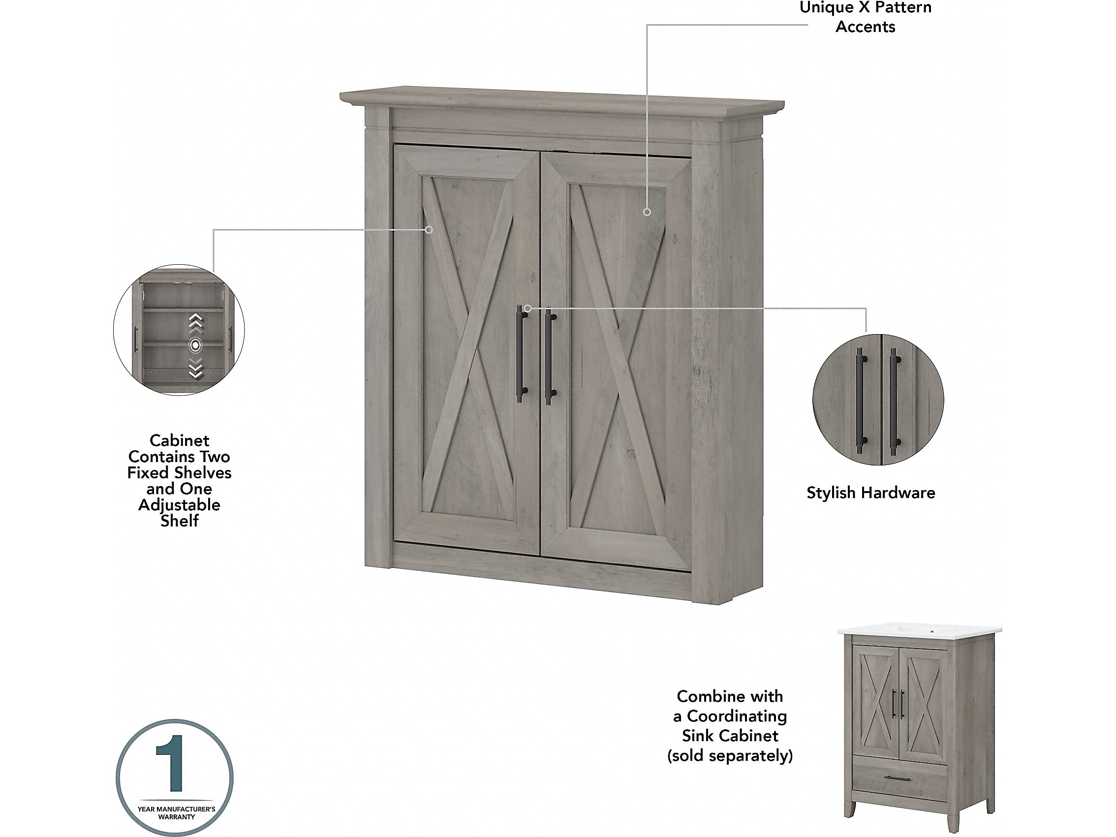 Bush Furniture Key West Bathroom Wall Cabinet with Doors - Driftwood Gray Storage Organizer for Bathroom Essentials | Perfect for Small Spaces, Vanity Storage & Home Organization