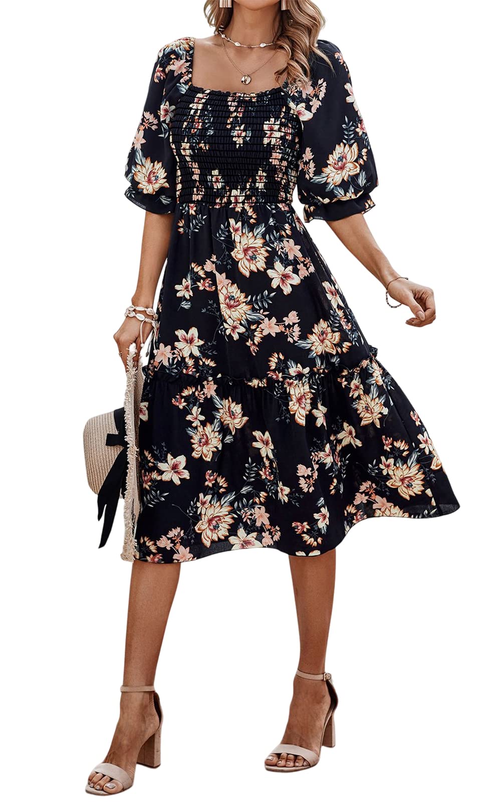 PRETTYGARDEN Women's Summer Casual Dress 2025 - Puff Sleeve Square Neck A-Line Flowy Boho Floral Smocked Midi Dress for Spring/Summer, Beach Vacation, Date Night & Outdoor Parties
