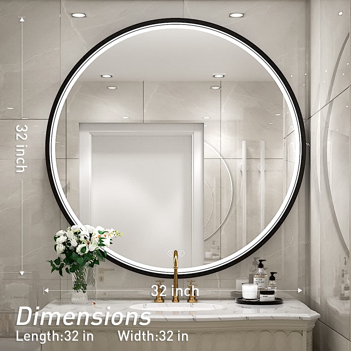 32 Inch LED Round Bathroom Mirror with Light - Wall Mounted Anti-Fog Vanity Mirror with Dimmable Touch Switch, Waterproof IP54, 90+ CRI - Perfect for Makeup, Shaving & Home Decor