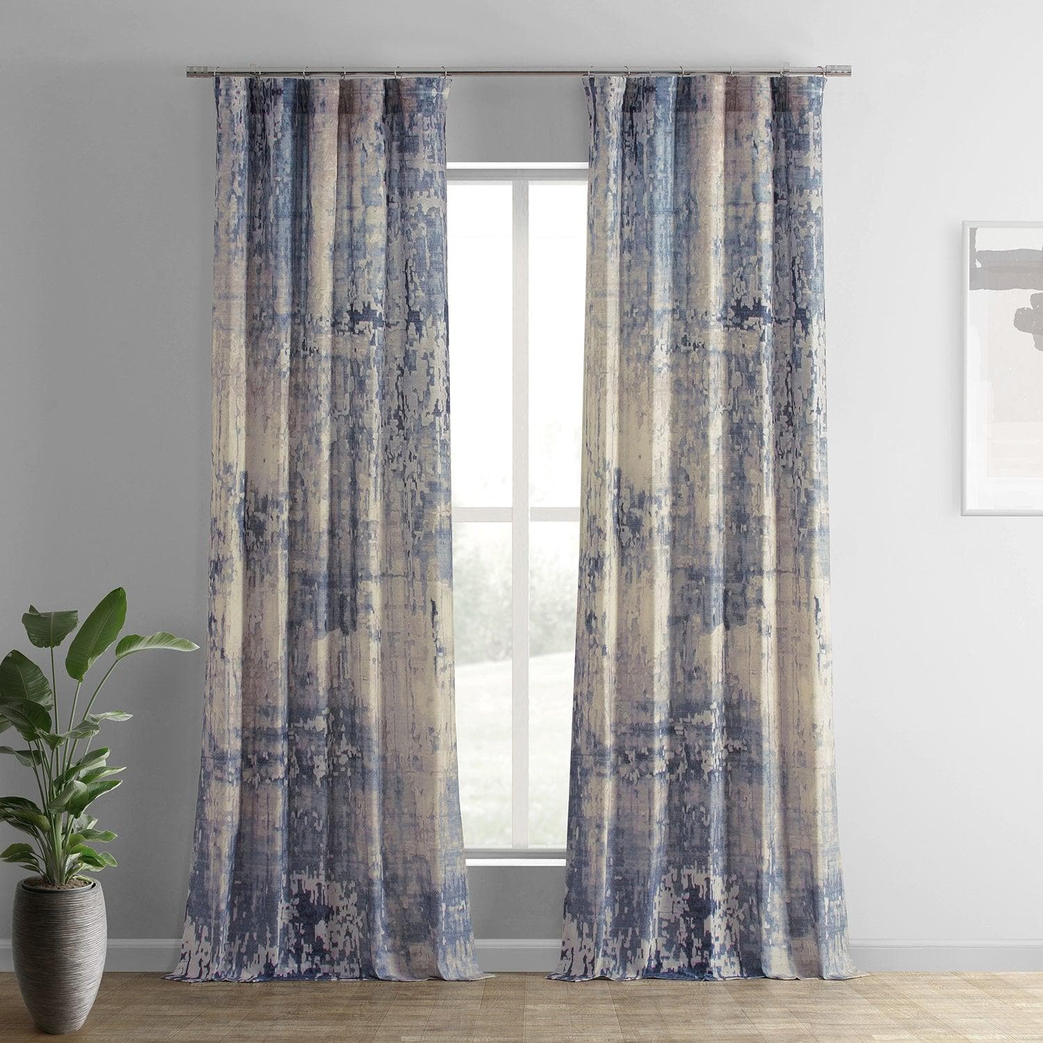 Lake Blue Abstract Textured Printed Cotton Curtains for Living Room & Bedroom - Modern Window Drapes with Artistic Design for Home Decor