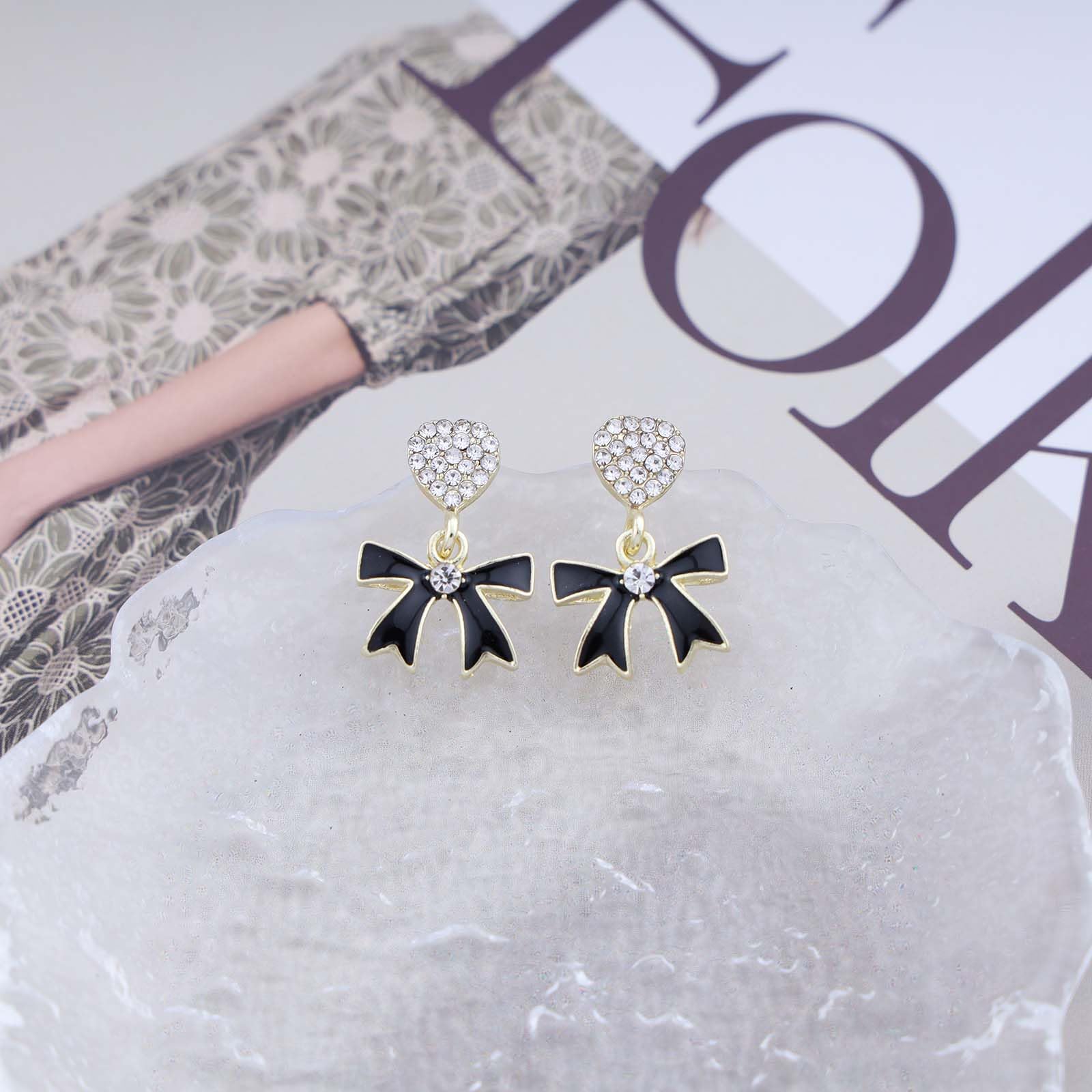 Bohemian Crystal Heart Bow Dangle Earrings - Black Enamel Drop Earrings with Gold CZ & Rhinestone Accents for Women & Girls | Perfect for Parties, Weddings & Gift Giving