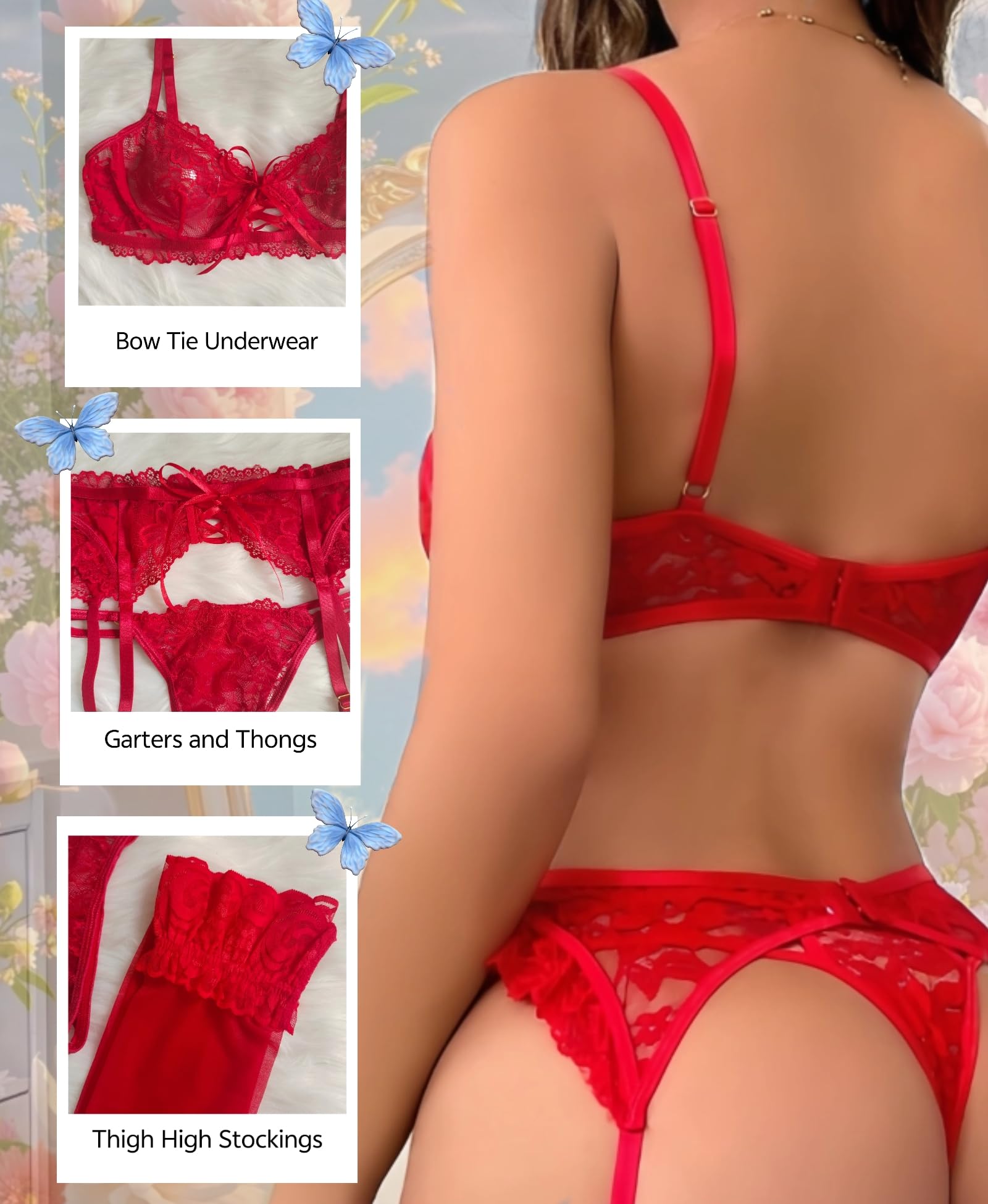 Sexy Lingerie for Women - 4 Piece Lace Set with Bra, Panty, Garter Belt & Stockings | Romantic Date Night & Bridal Lingerie