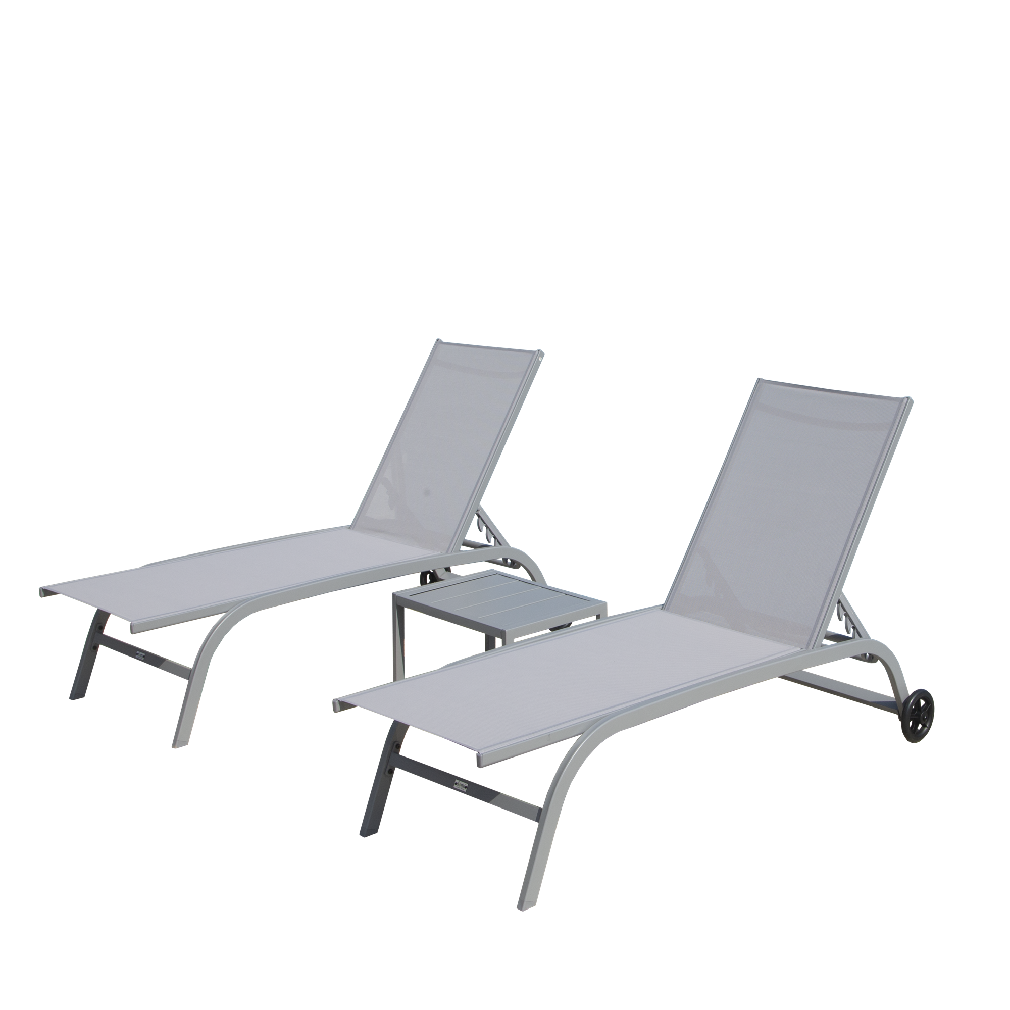 Outdoor Chaise Lounge Set of 3 - Adjustable Pool & Beach Lounge Chairs with Wheels & Side Table - Patio Furniture for Backyard, Garden & Poolside Relaxation (Grey, 2 Chairs + 1 Table)