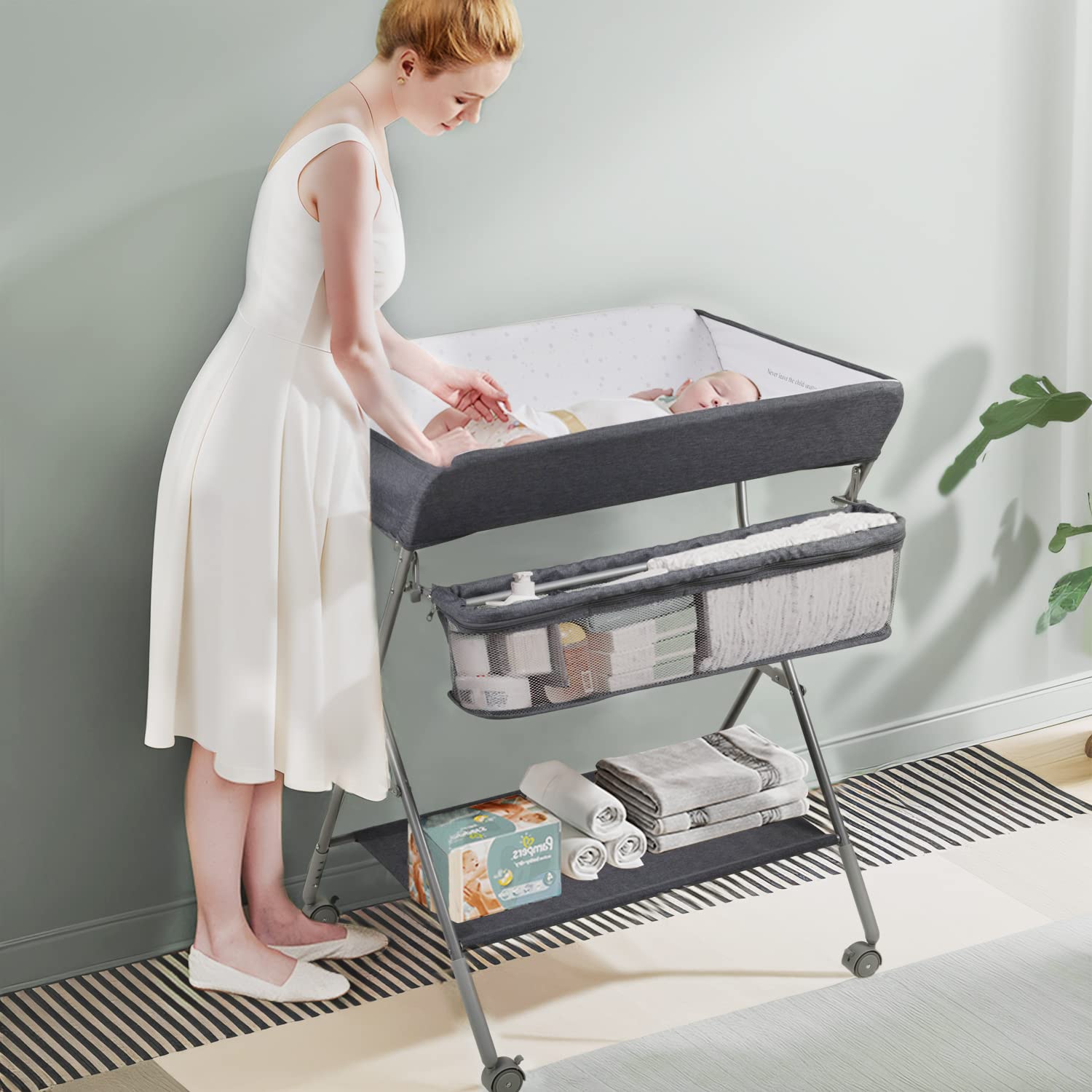 Maydolly Portable Baby Changing Table with Wheels - Adjustable Height Folding Diaper Station with Nursery Organizer & Storage Rack for Newborns & Infants - Perfect for Nursery, Bedroom & Travel Use