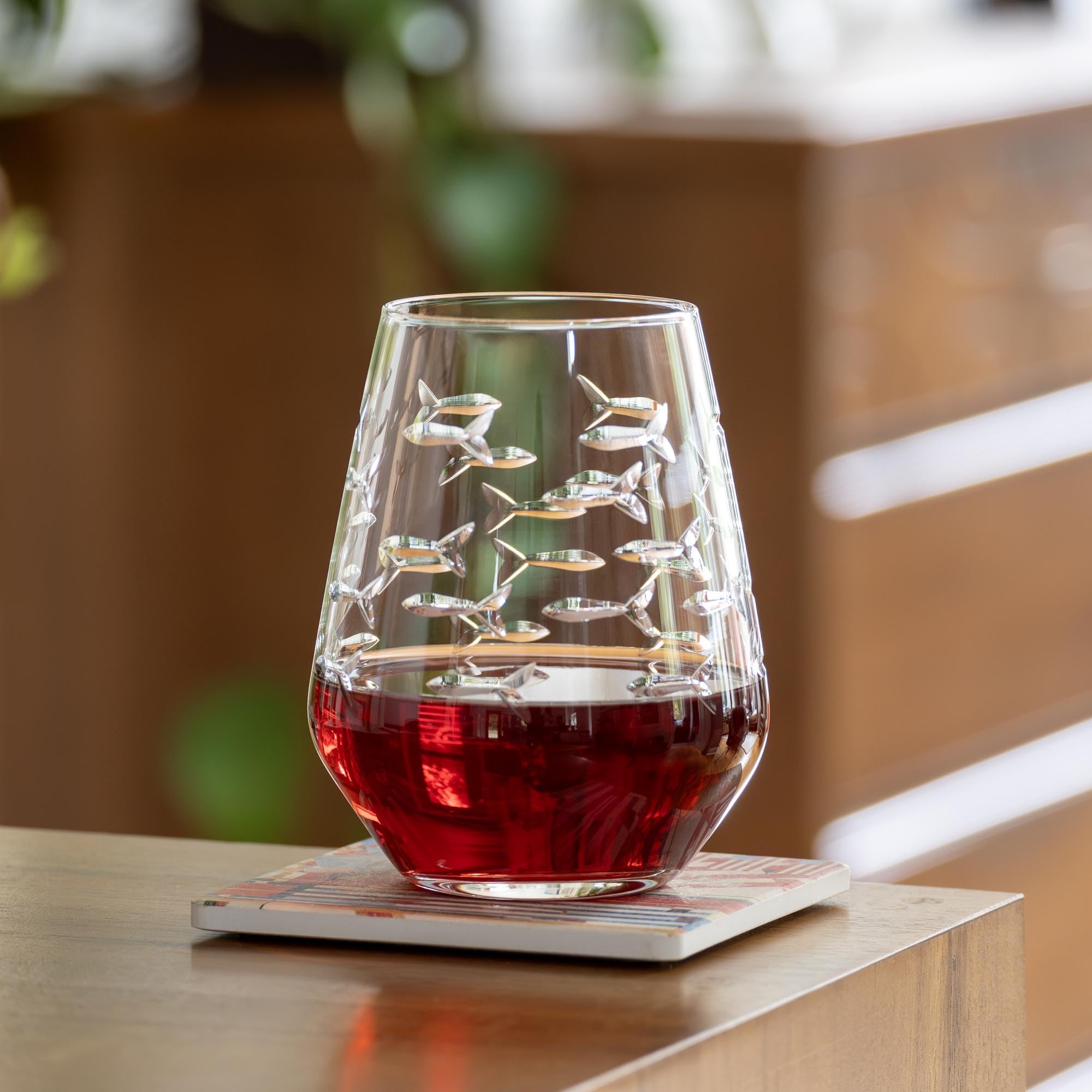 Rolf Glass School of Fish Stemless Wine Tumblers - Set of 4 Lead-Free 18oz Glasses | Hand Engraved & Polished in USA | Perfect for Parties, Gifts & Home Decor
