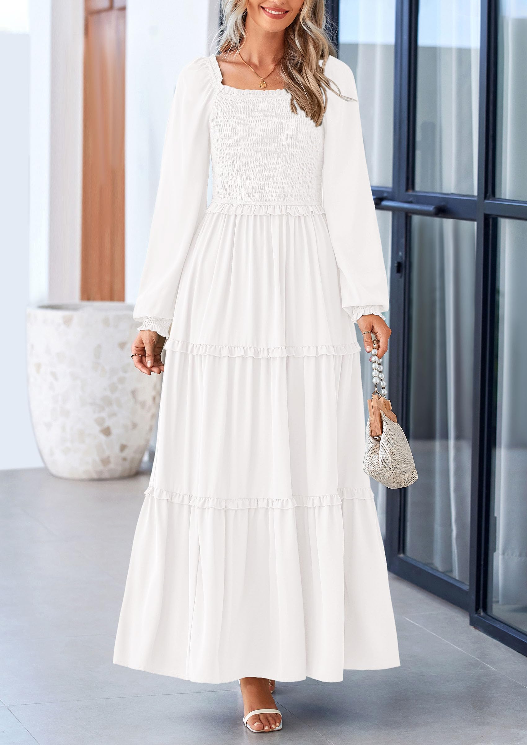 PRETTYGARDEN Women's Smocked Maxi Dress - Long Sleeve Square Neck Tiered A-Line Flowy Dress with Pockets for Spring & Fall | Casual Wear for Brunch, Date Night & Outdoor Events
