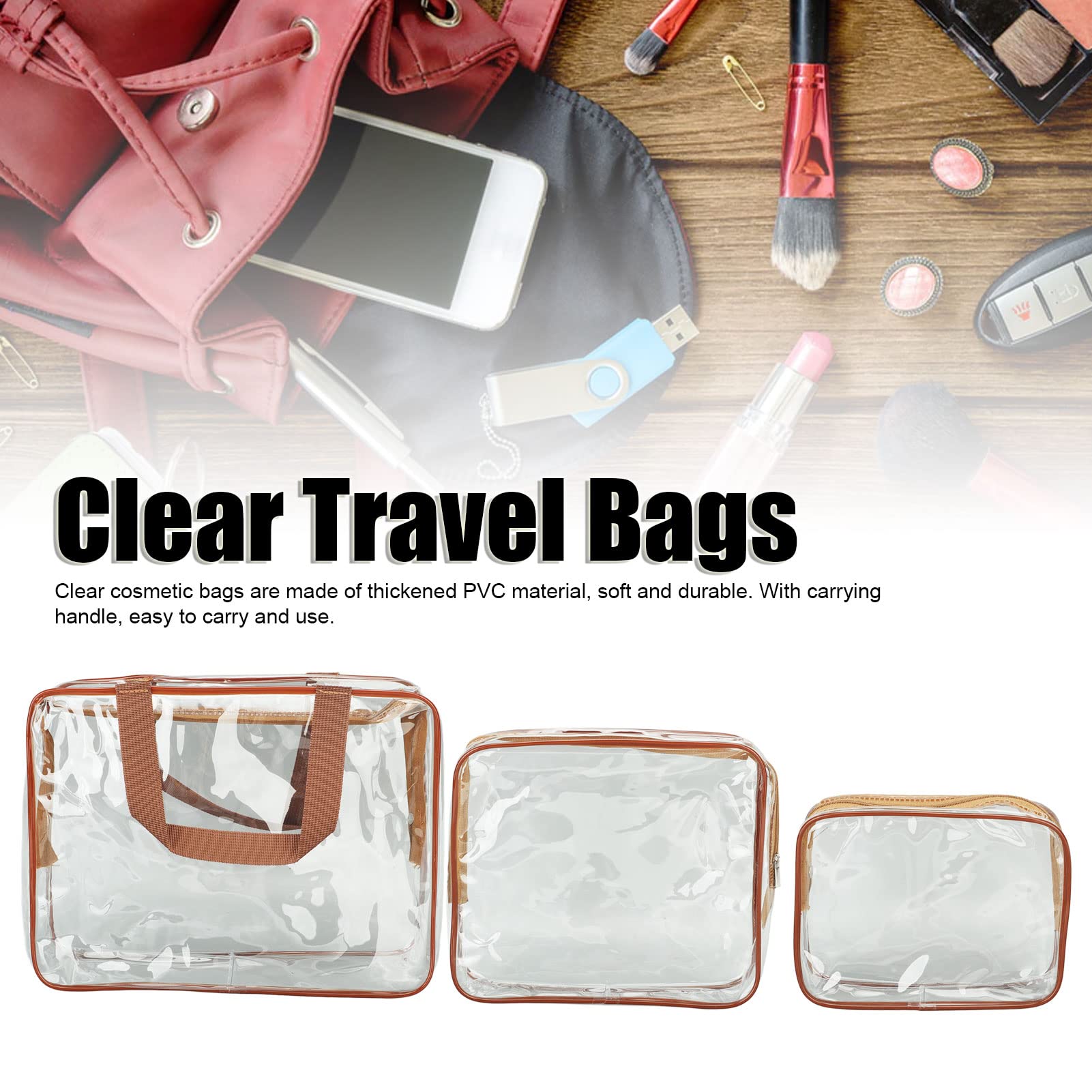3-Piece Clear Travel Makeup Bags Set - Waterproof Large Capacity Cosmetic Organizer with Zipper Closure & Carrying Handle - Perfect for Swimming, Gym, Beach & Airplane TSA Compliance (Coffee)