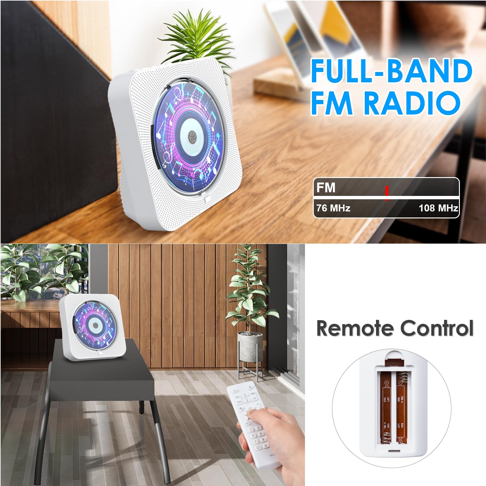 Portable Bluetooth CD Player with Built-in Speakers, FM Radio, Remote Control, LED Display & Timer - Supports AUX/USB/TF Card Playback - Perfect for Home, Office, or Car Audio Entertainment
