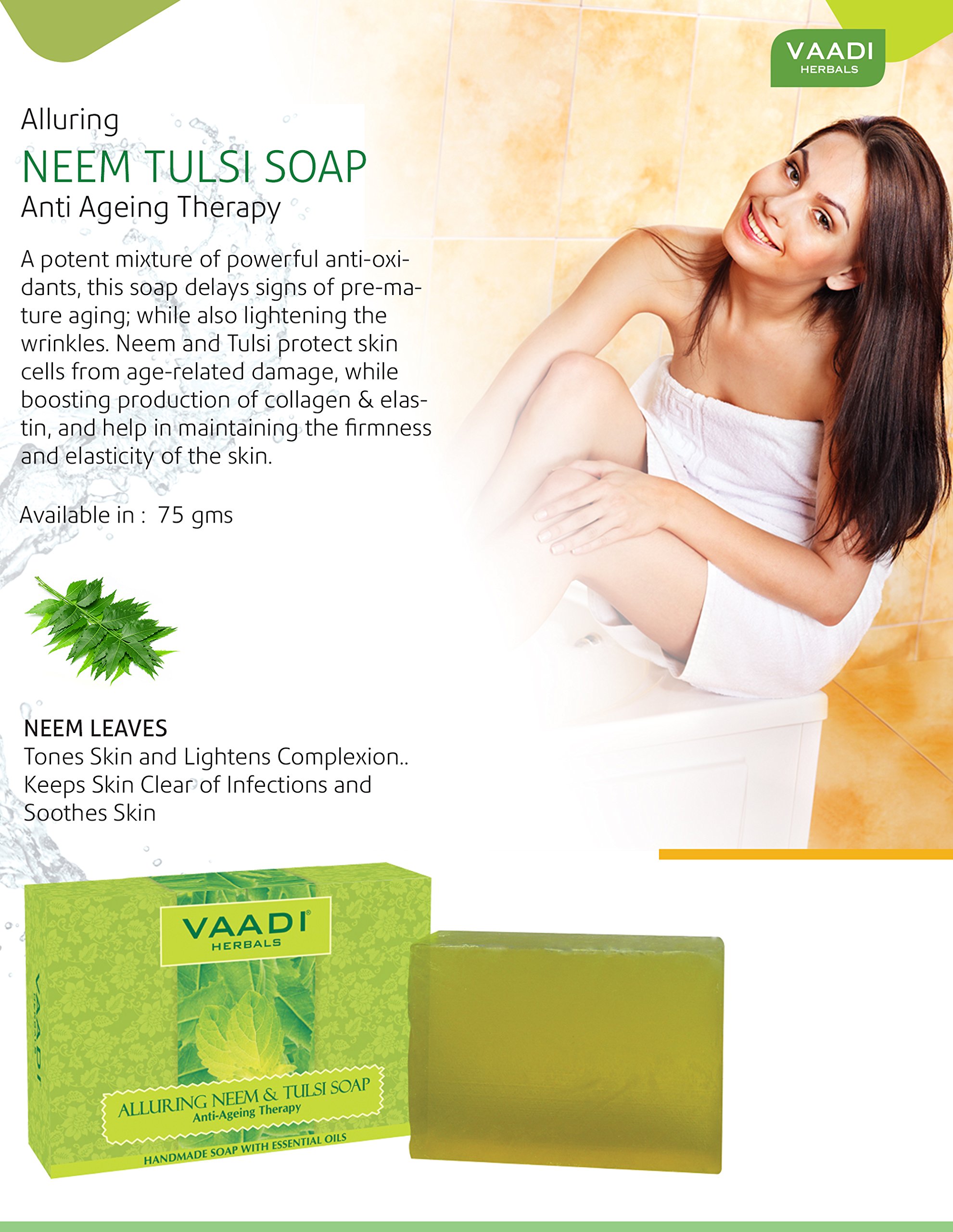 Vaadi Herbals Alluring Neem Tulsi Soap with Vitamin E & Tea Tree Oil - 75g (Pack of 6) | Natural Ayurvedic Cleansing Bar for Acne, Oily Skin & Body Care | Perfect for Daily Face Wash & Shower Routine