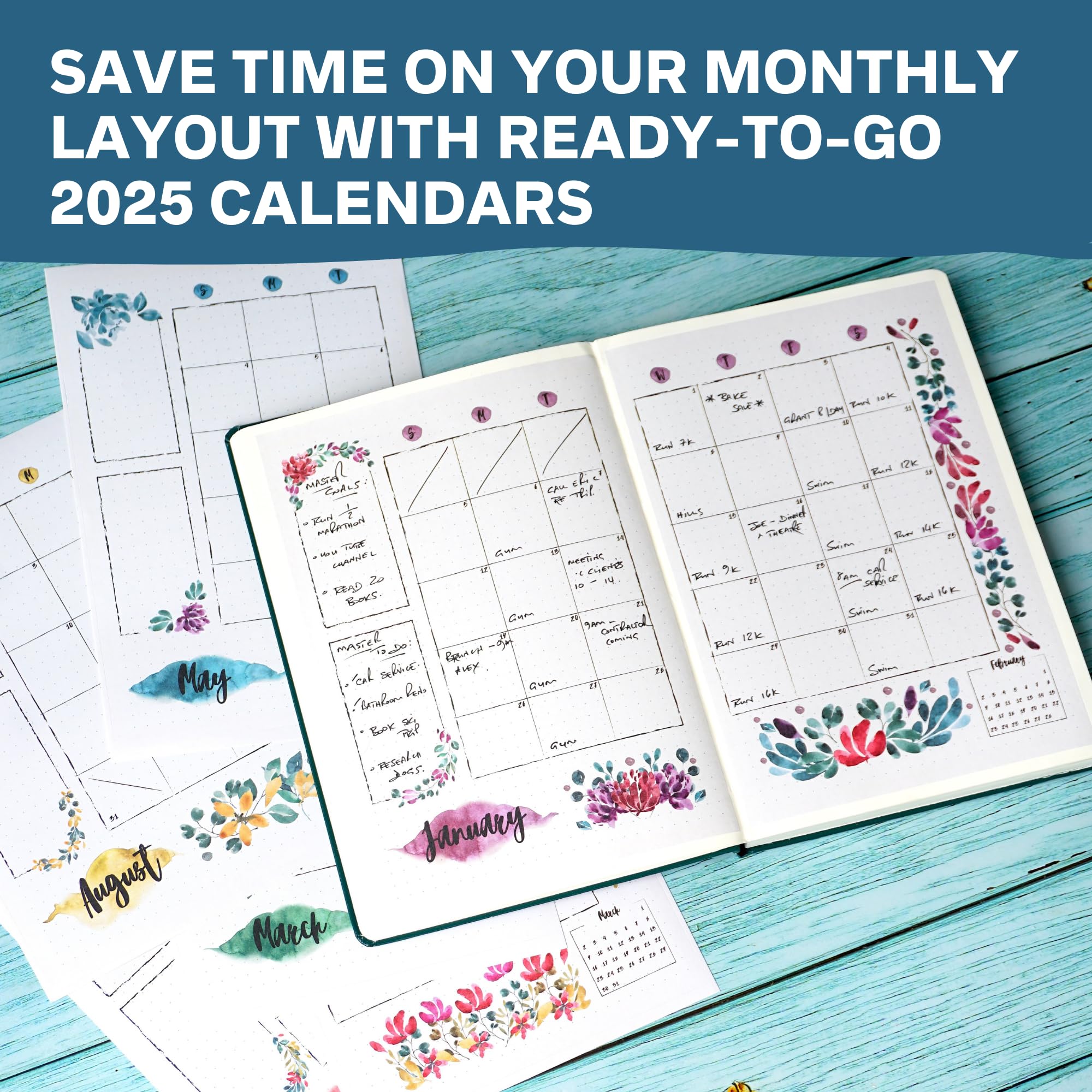 2025 Monthly Planner Stickers for A5 Bullet Journals - 12-Month Floral Design Calendar Stickers (5.3