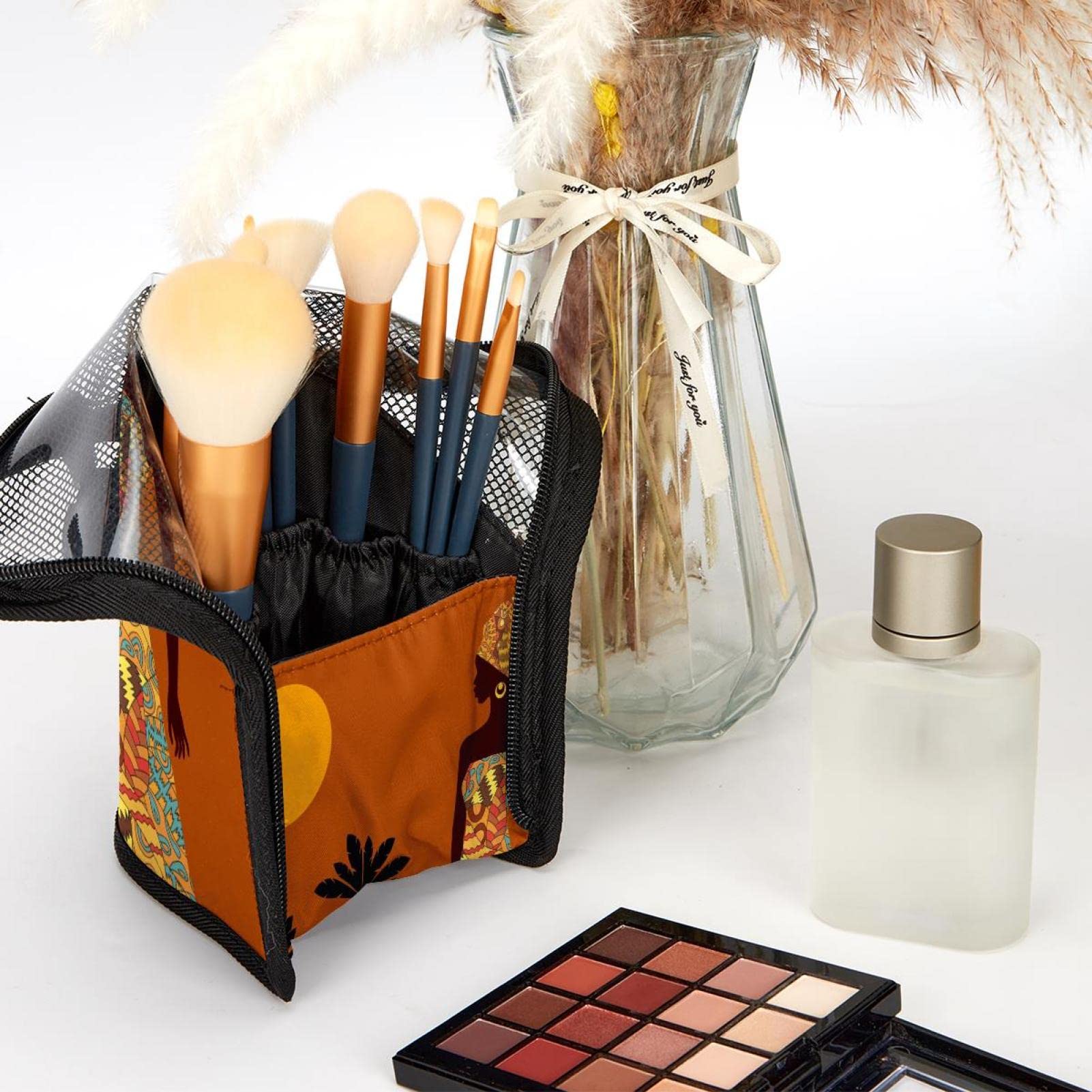 12-Piece Makeup Brush Organizer Bag with African Tropical Print - Portable Travel Cosmetic Brush Holder Case for Women - Perfect for Travel, Home & Salon Use