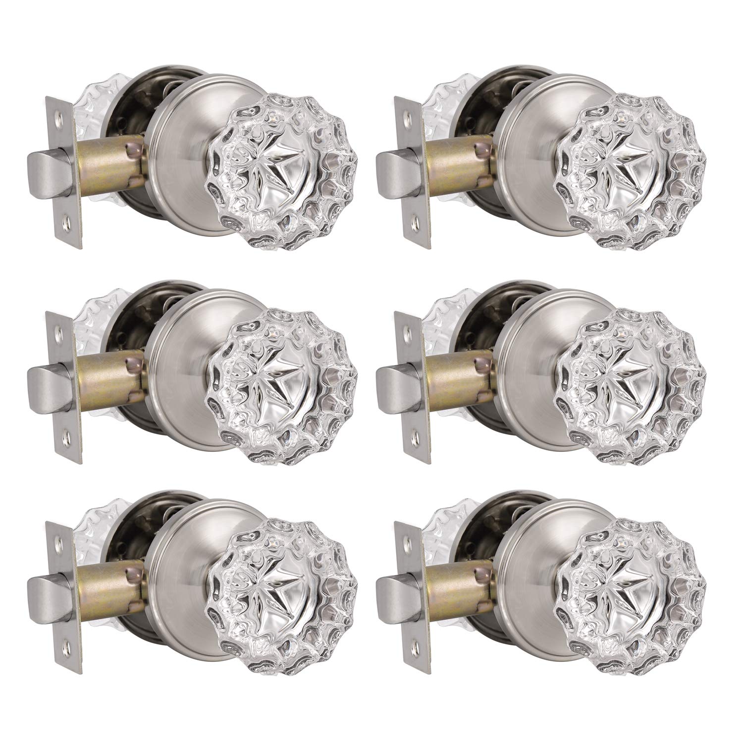 6 Pack Diamond Crystal Glass Interior Door Knobs - Non-Locking Passage Knobs for Hallway & Closet - Round Keyless Crystal Glass Knobs with Satin Nickel Finish - Perfect for Bedrooms, Bathrooms & Interior Doors