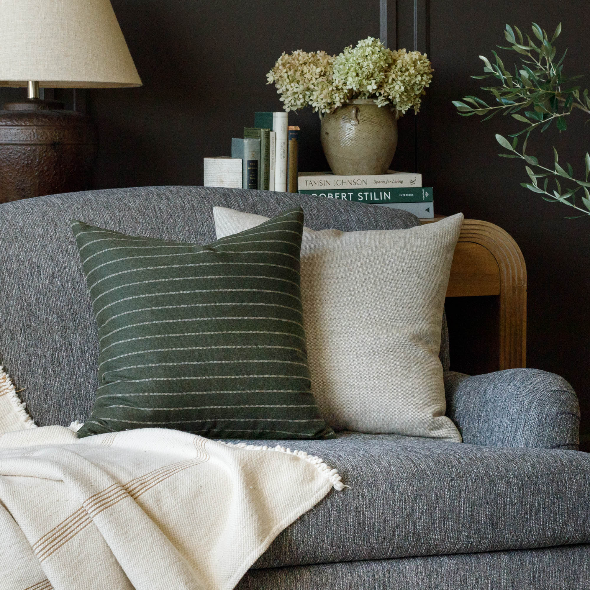 Hunter Stripe 20x20 Decorative Throw Pillow Cover - Moss Green Cotton Linen Blend Cushion Case for Sofa, Bed, Living Room & Home Decor