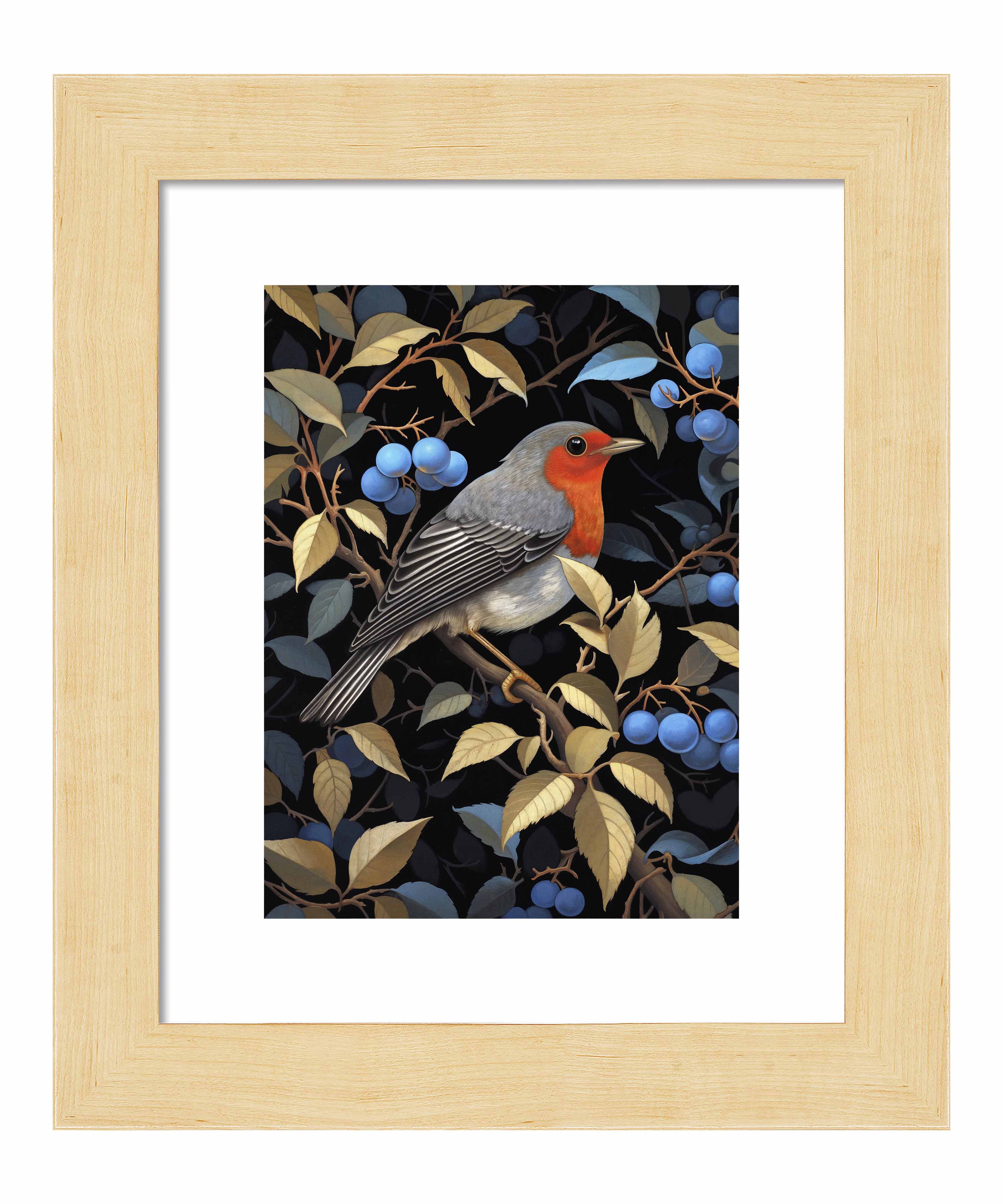 Crimson Song Robin Among Blueberries Wall Art Print - Beautiful Bird Painting for Home Decor, Living Room, Bedroom & Office