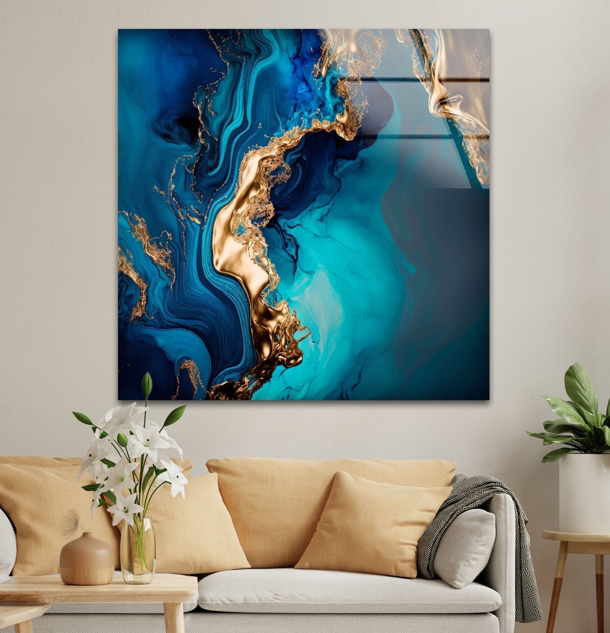 Abstract Turquoise Marble Glass Wall Art - Modern Home Decor for Living Room, Bedroom & Office - Handmade Blue and White Marbleized Glass Panel