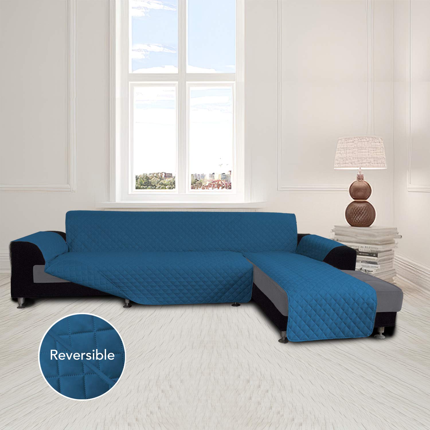 Reversible L-Shaped Sofa Slipcover for Sectional Couch & Chaise Lounge - Large Peacock Blue Furniture Protector Cover | Pet-Friendly, Durable & Easy to Clean | Perfect for Living Room, Family Room & Pet Owners