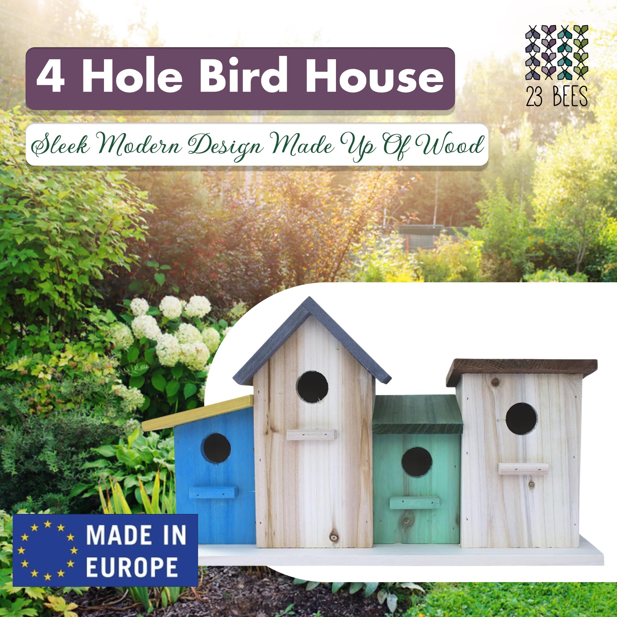 23 Bees 4 Hole Weatherproof Bird House - Outdoor/Indoor Hanging Decorative Birdhouse for Bluebirds, Wrens & Chickadees - DIY Bird Feeder Kit for Kids & Adults - Perfect for Garden, Patio and Backyard Bird Watching