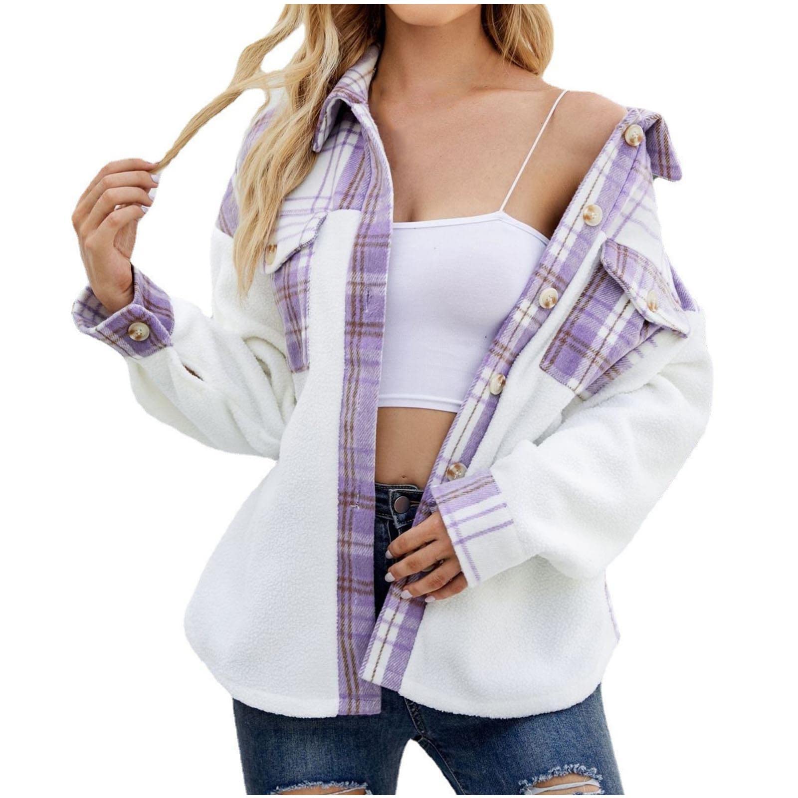 Stylish Women's Plaid Print Long Sleeve Button-Up Shirt Jacket - Geometric Patchwork Casual Top for Fall Fashion | Perfect for Office Wear, Date Nights & Weekend Outings