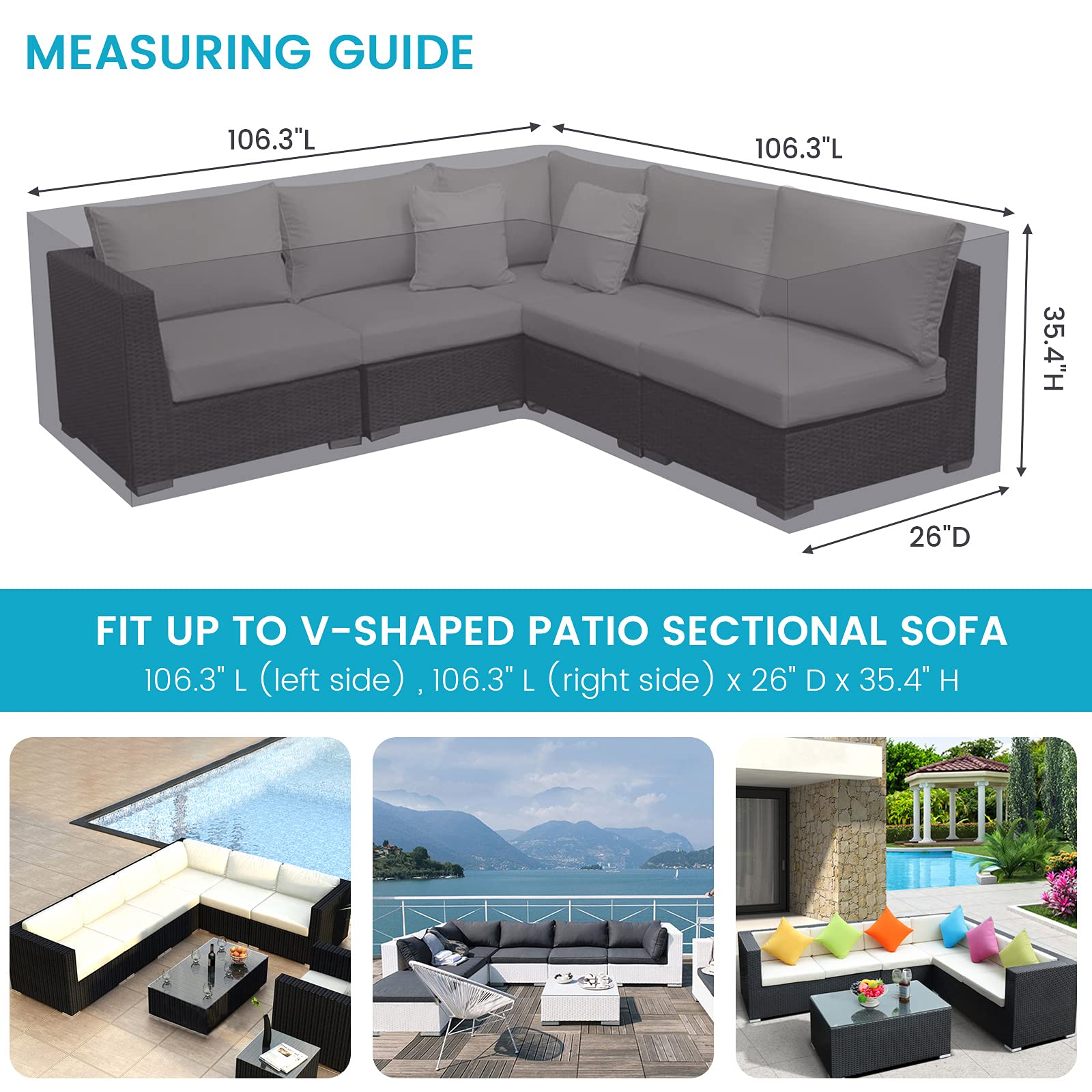 Waterproof 420D Outdoor Patio Sectional Sofa Cover - Windproof V-Shaped Furniture Protector (106